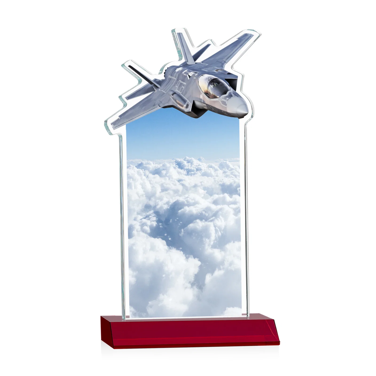 Personalized Starfire Crystal Jet Award With Deep-Etched Silhouette and Print, with your logo for dealer and partner awards