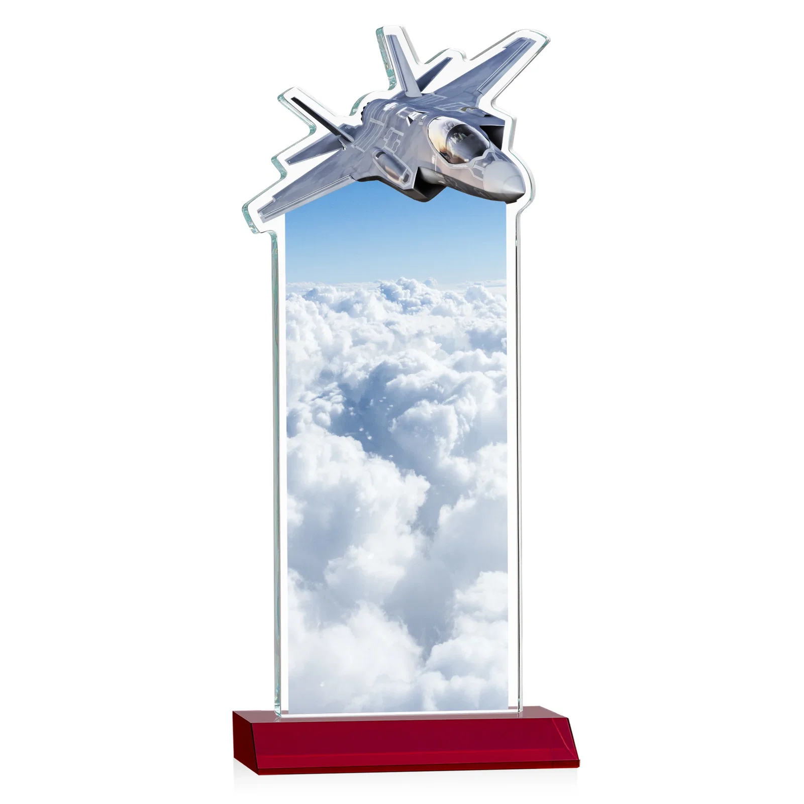 Personalized Starfire Crystal Jet Award With Deep-Etched Silhouette and Print, with your logo for company anniversary events
