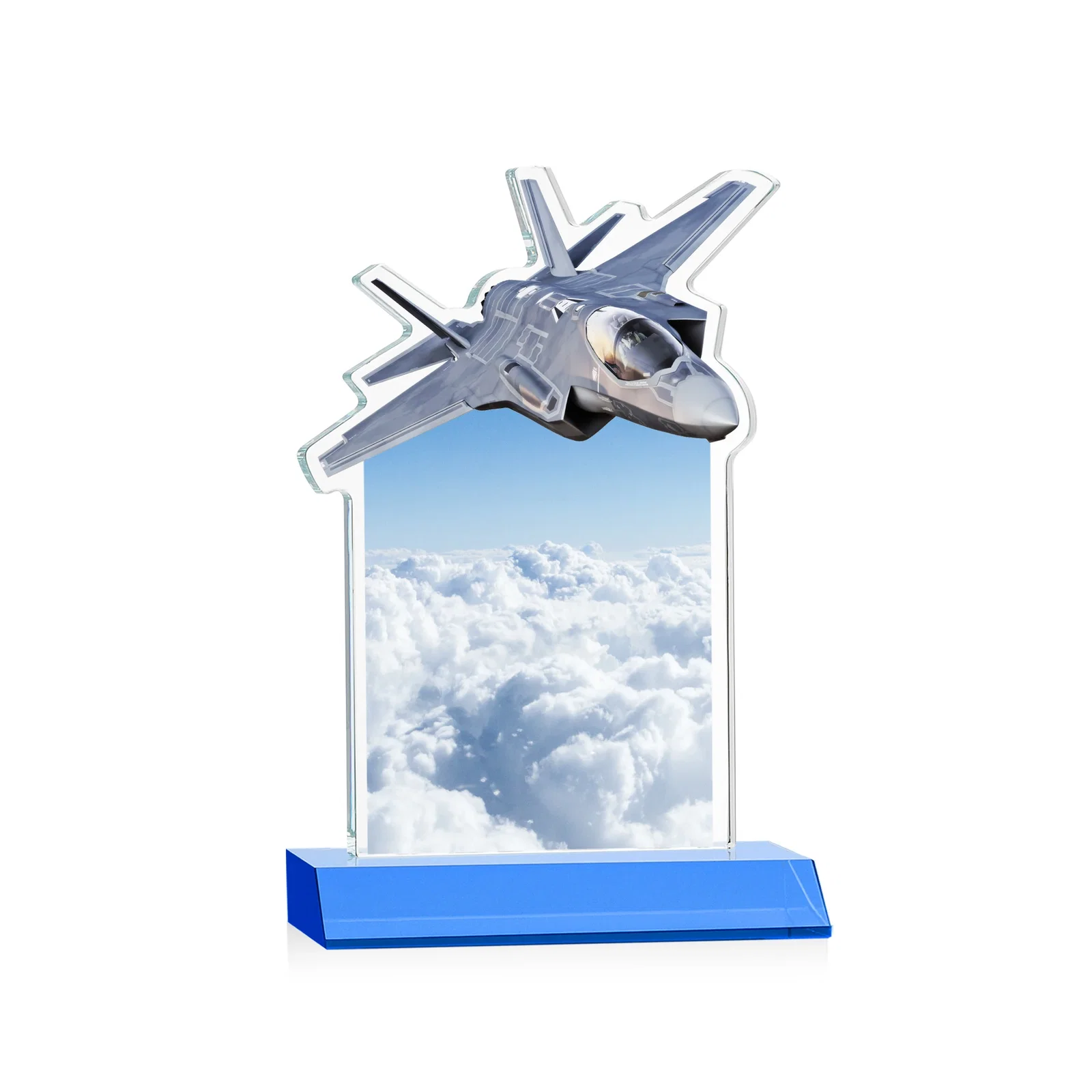 Promotional Starfire Crystal Jet Award With Deep-Etched Silhouette and Print, with your logo for employee recognition