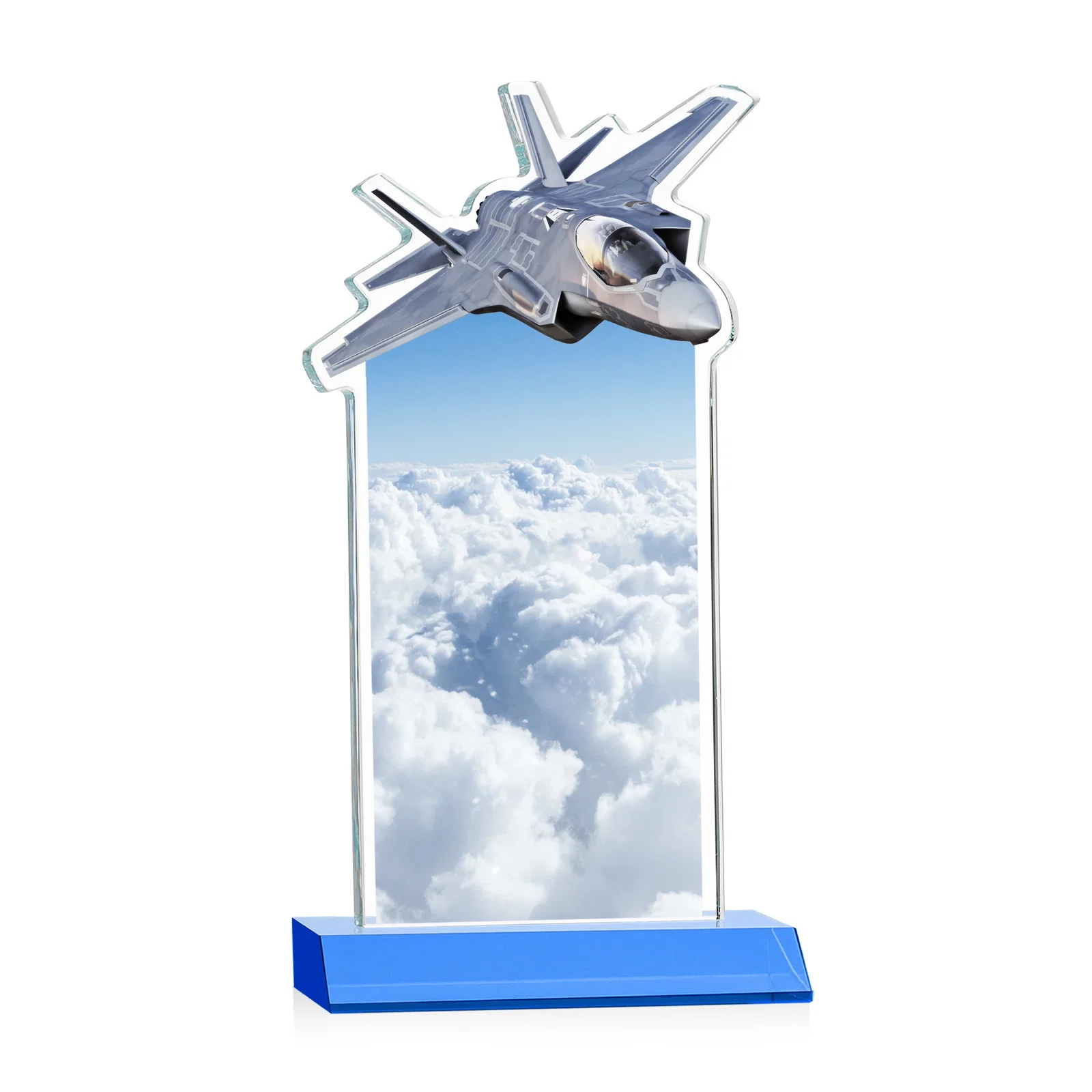 Promotional Starfire Crystal Jet Award With Deep-Etched Silhouette and Print, with your logo for corporate award ceremonies