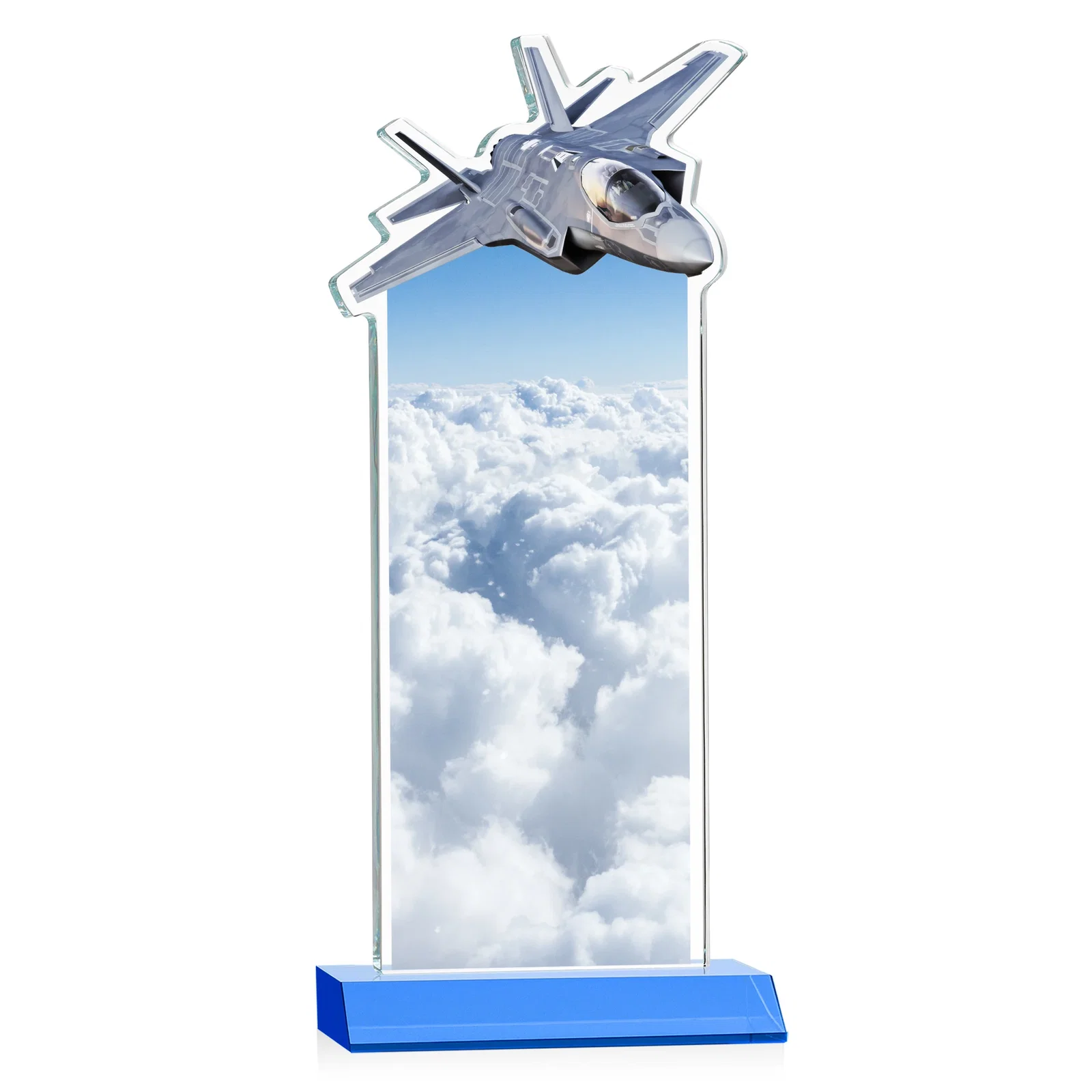 Promotional Starfire Crystal Jet Award With Deep-Etched Silhouette and Print, with your logo for service anniversary gifts