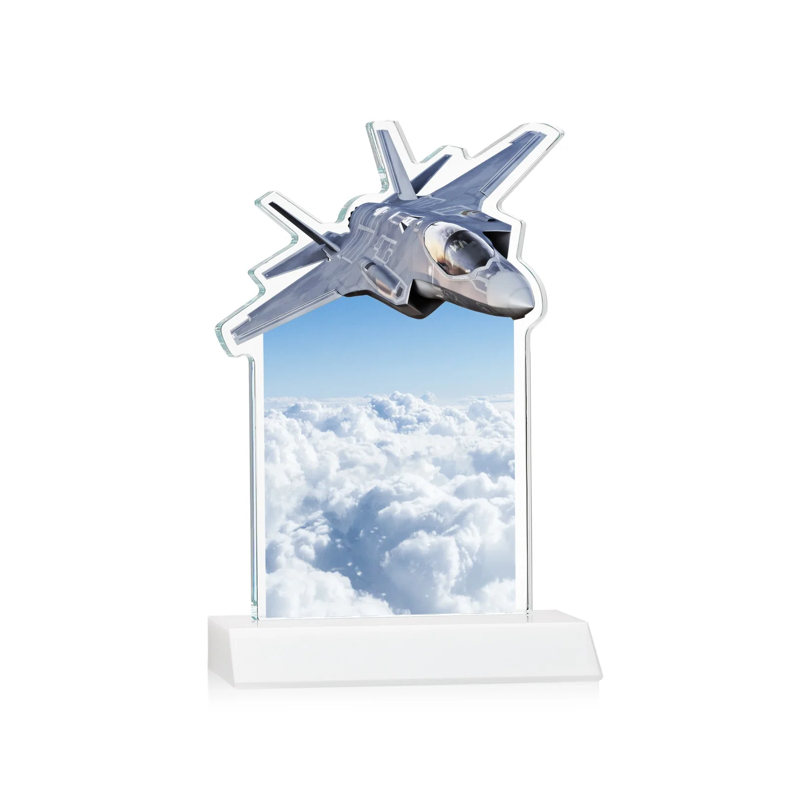 Promotional Starfire Crystal Jet Award With Deep-Etched Silhouette and Print, with your logo for sales achievement awards