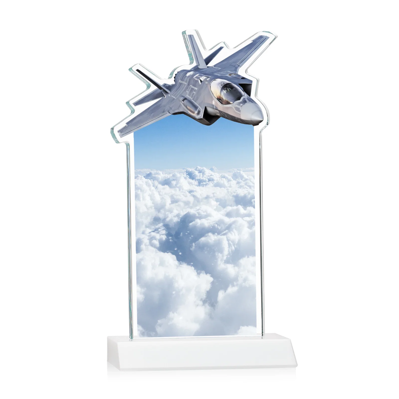 Promotional Starfire Crystal Jet Award With Deep-Etched Silhouette and Print, with your logo for retirement presentations