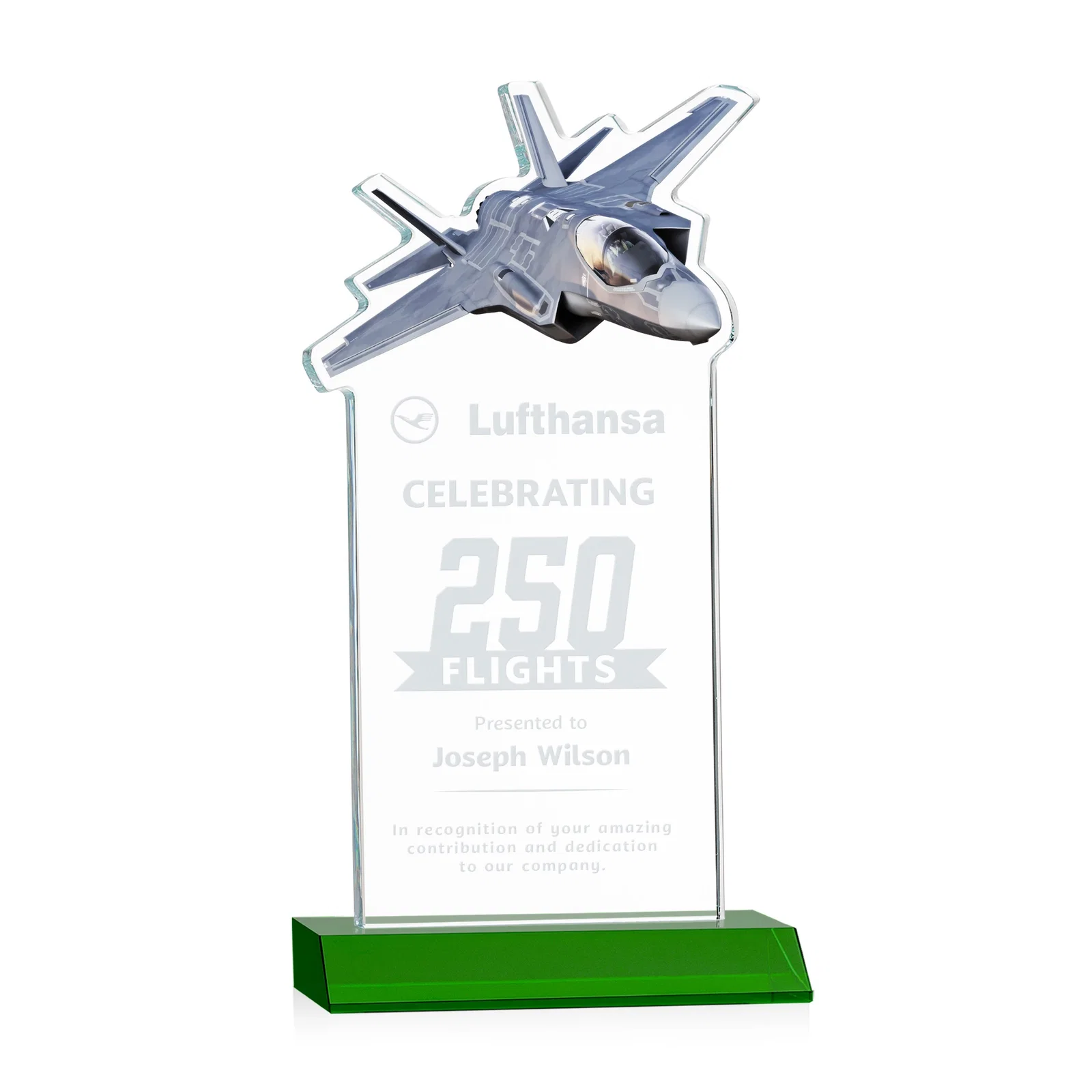 Custom Starfire Crystal Jet Award With Deep-Etched Silhouette and Print for company anniversary events