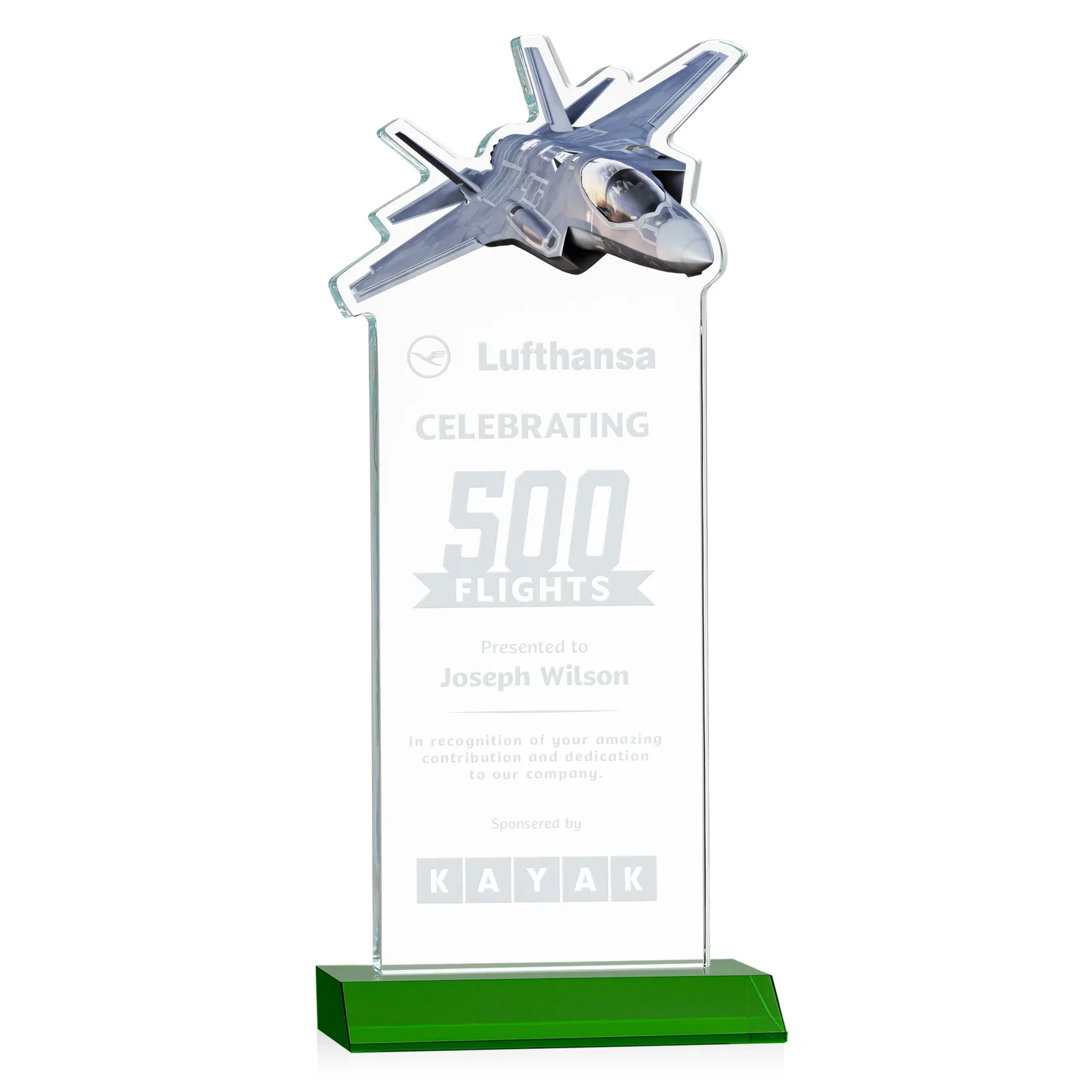 Personalized Starfire Crystal Jet Award With Deep-Etched Silhouette and Print for employee recognition
