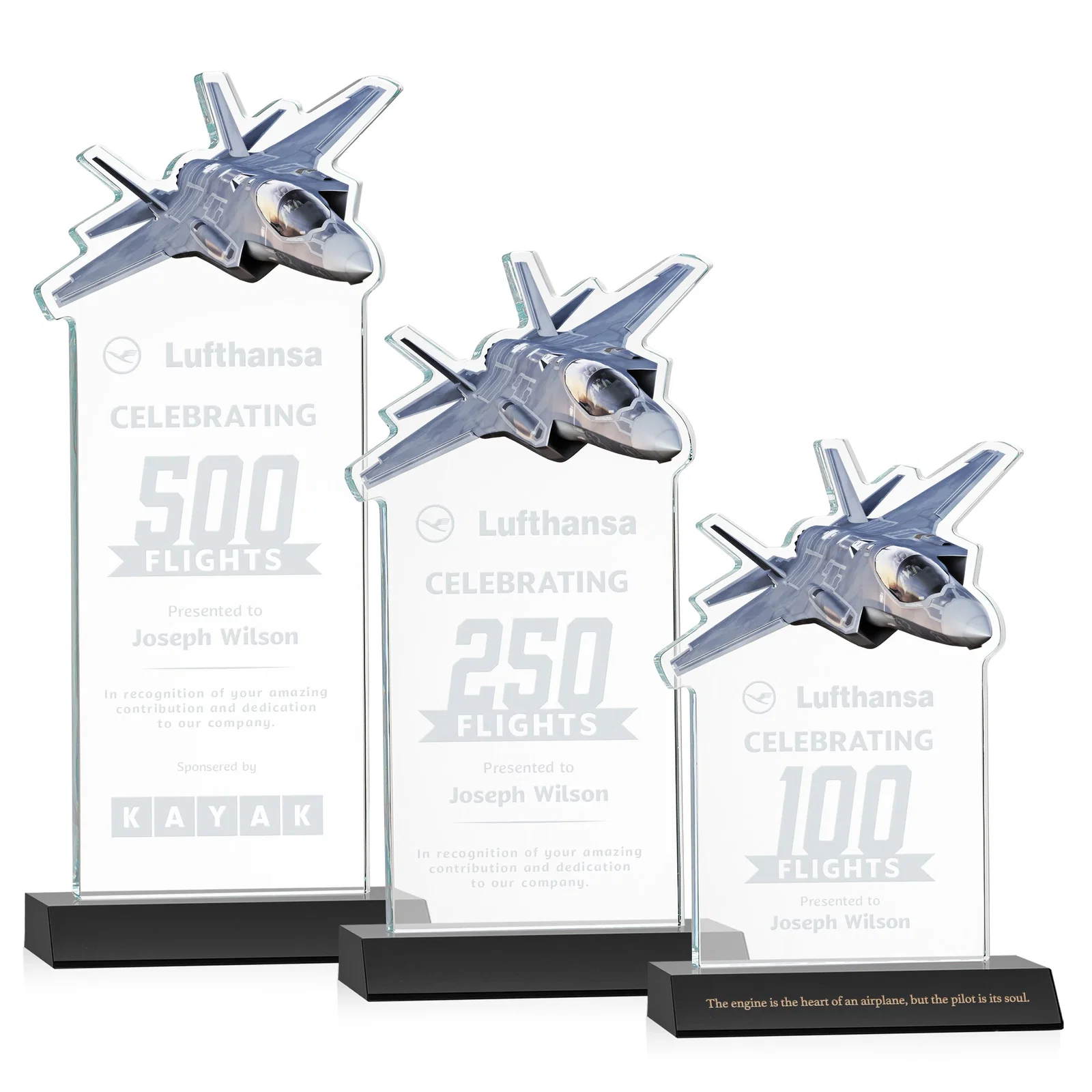 Personalized Starfire Crystal Jet Award With Deep-Etched Silhouette and Print for corporate award ceremonies