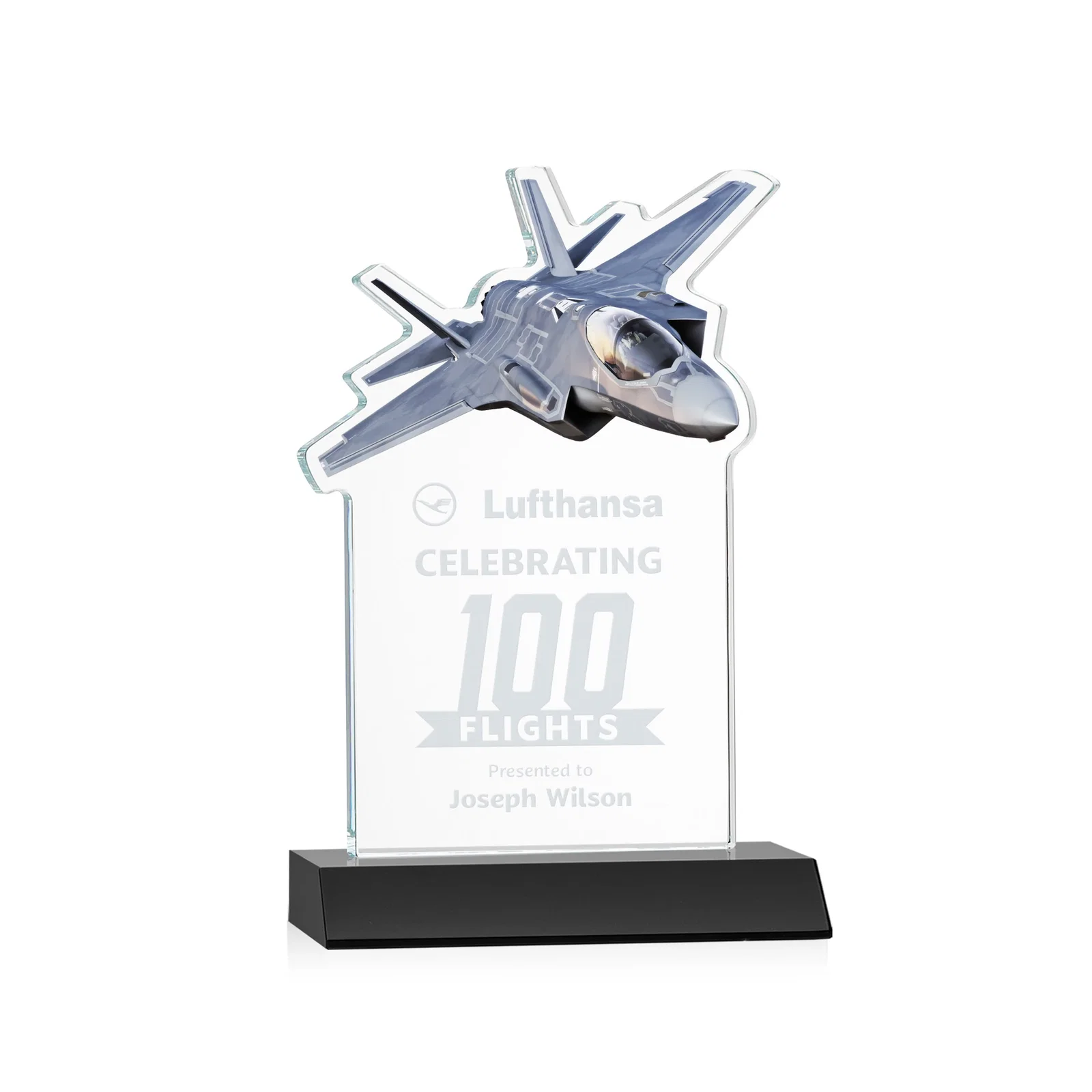 Personalized Starfire Crystal Jet Award With Deep-Etched Silhouette and Print for service anniversary gifts
