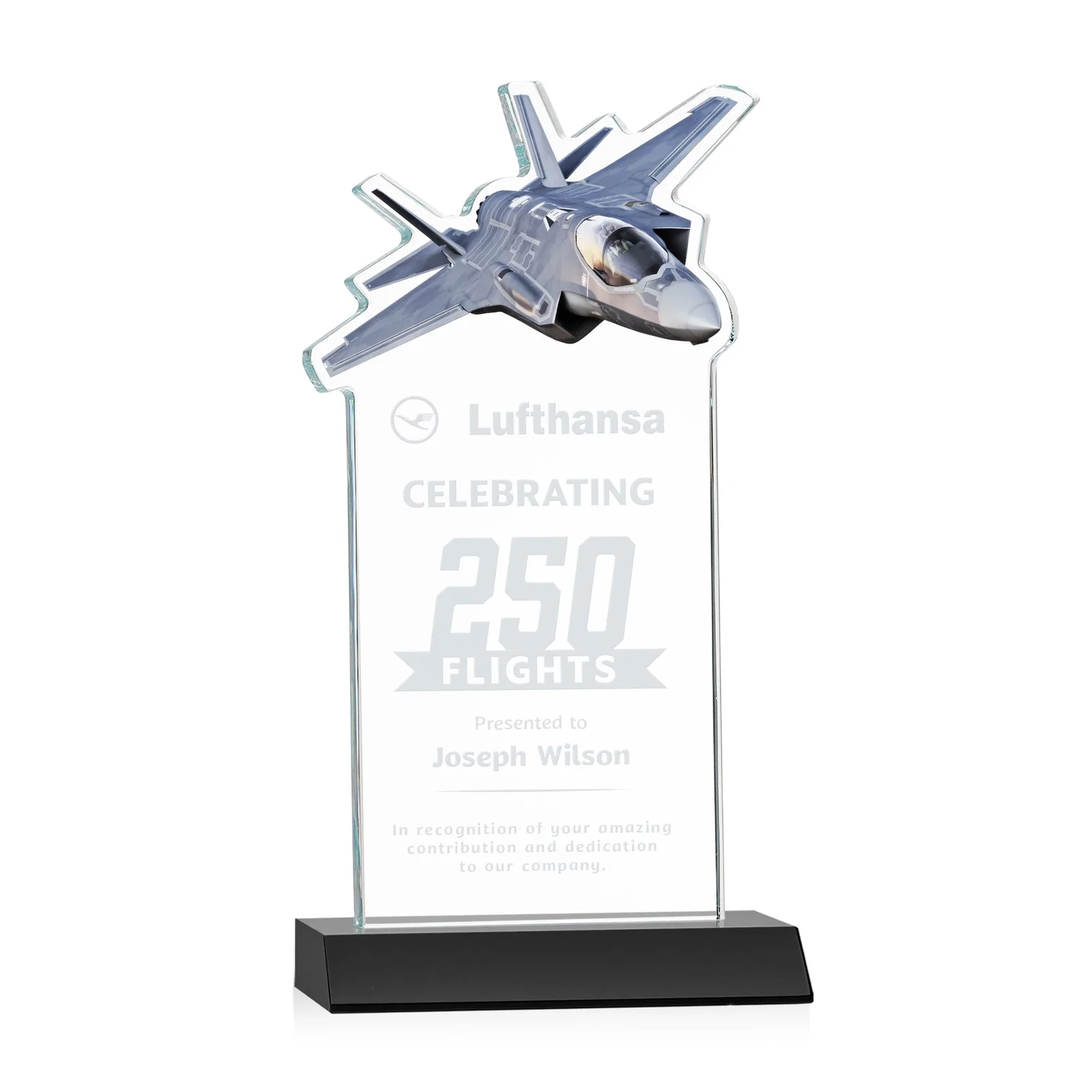Personalized Starfire Crystal Jet Award With Deep-Etched Silhouette and Print for sales achievement awards