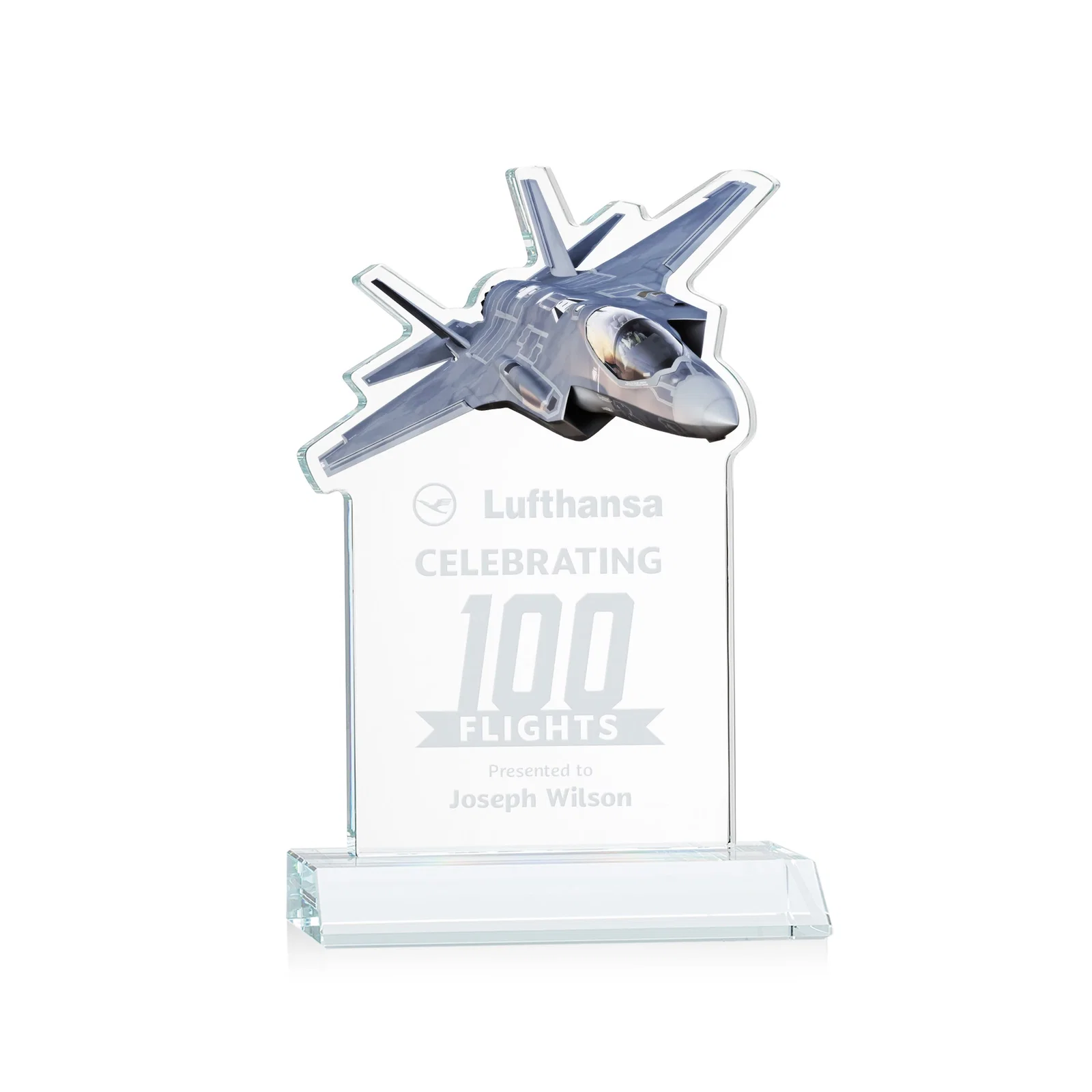Custom Starfire Crystal Jet Award With Deep-Etched Silhouette and Print for corporate award ceremonies