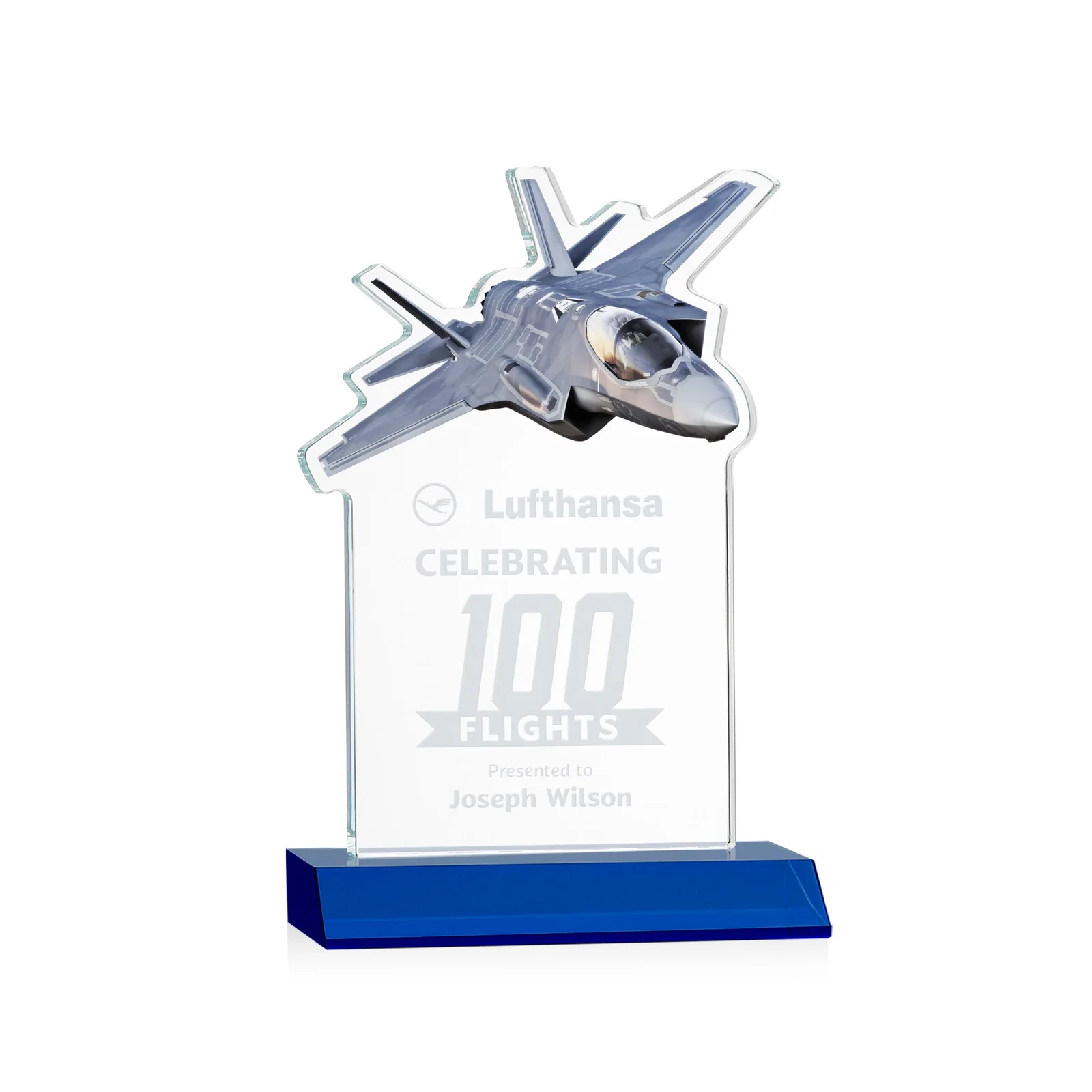 Personalized Starfire Crystal Jet Award With Deep-Etched Silhouette and Print for donor appreciation