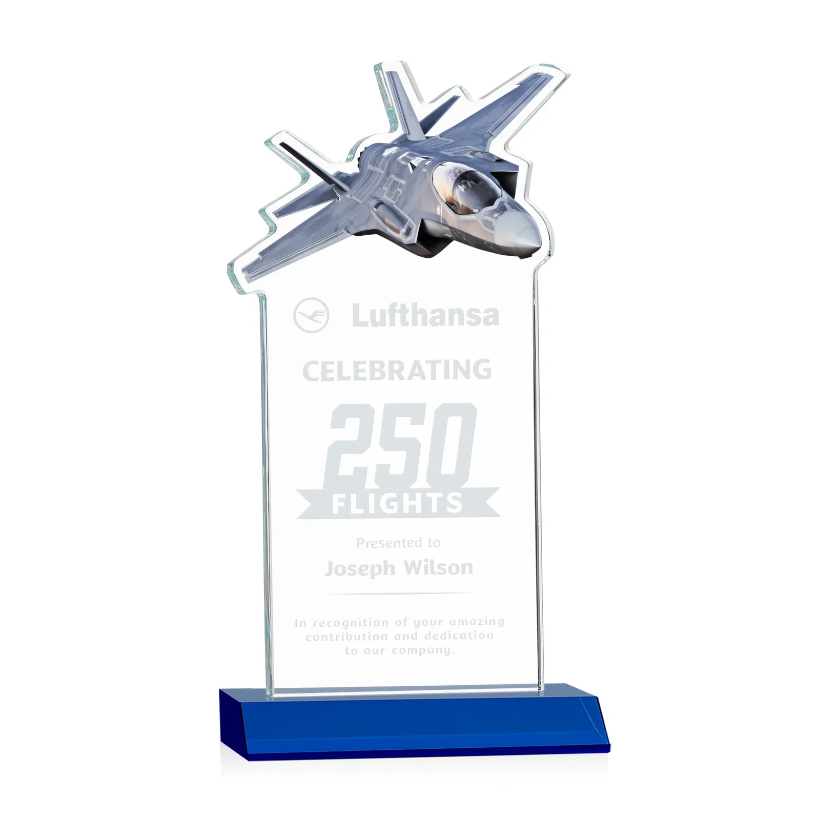 Personalized Starfire Crystal Jet Award With Deep-Etched Silhouette and Print for graduation ceremonies