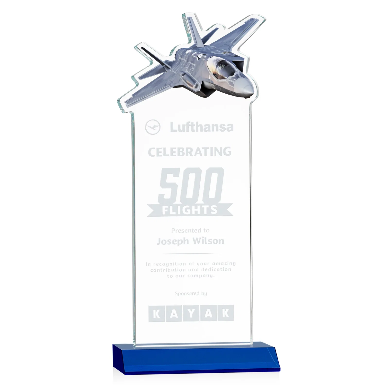 Personalized Starfire Crystal Jet Award With Deep-Etched Silhouette and Print for safety achievement programs