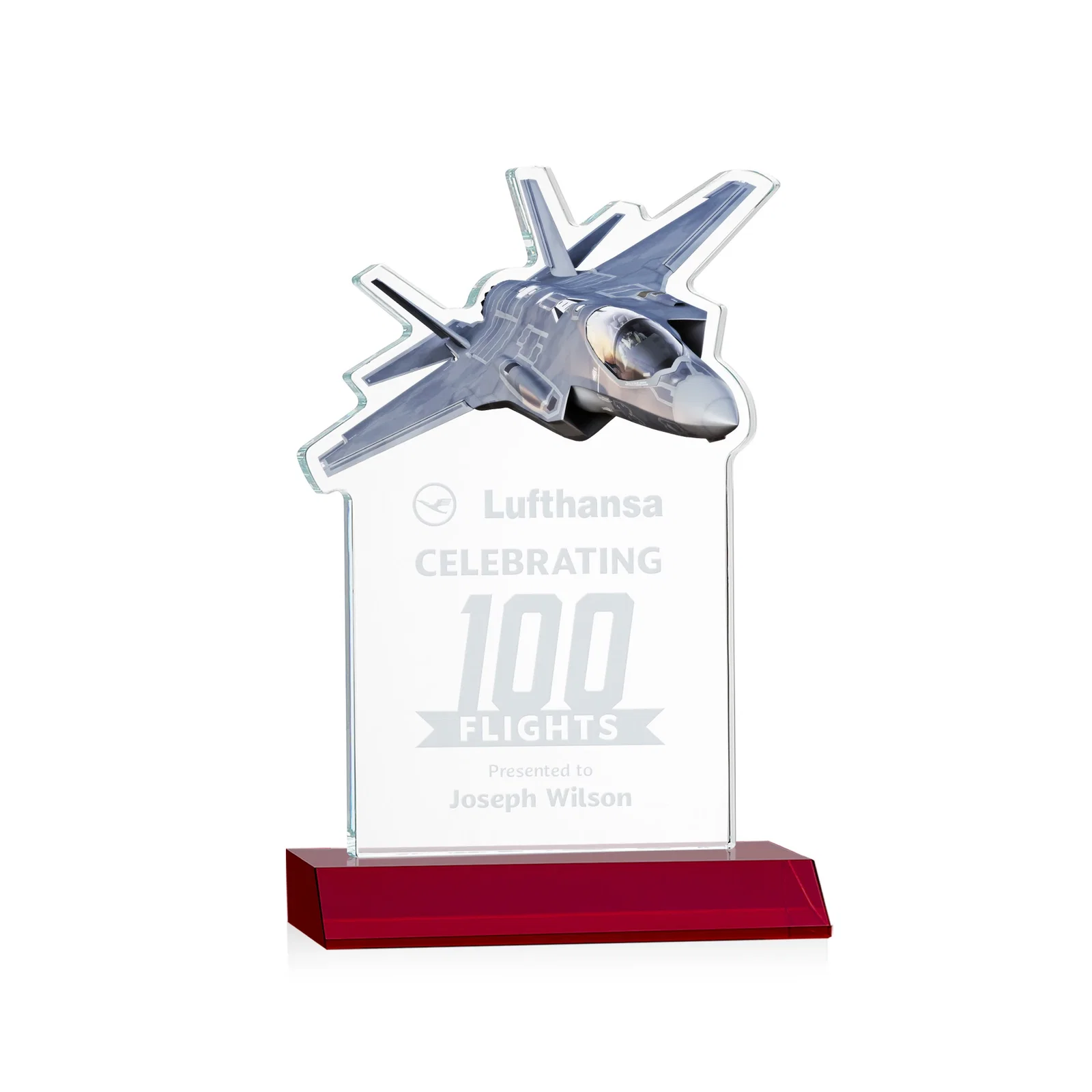 Personalized Starfire Crystal Jet Award With Deep-Etched Silhouette and Print for dealer and partner awards