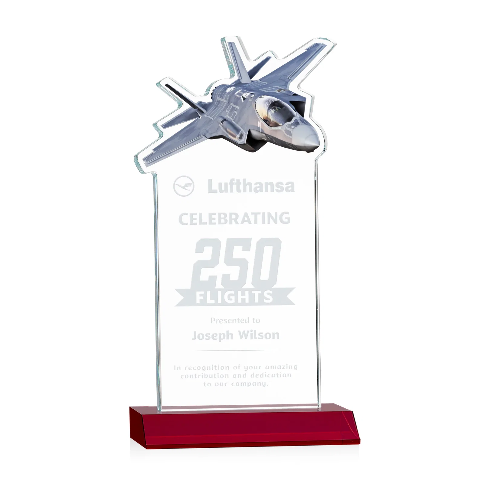 Personalized Starfire Crystal Jet Award With Deep-Etched Silhouette and Print for company anniversary events
