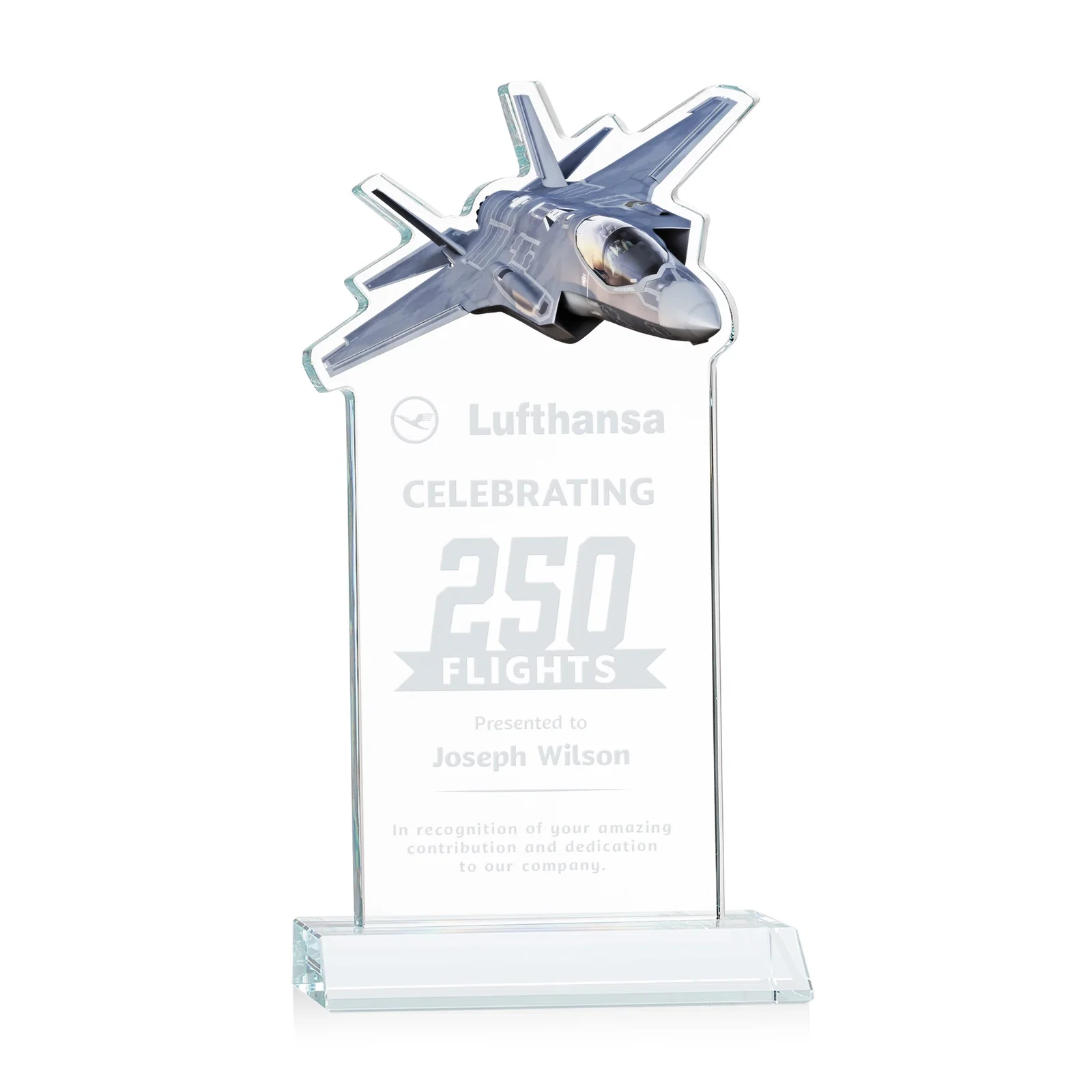 Custom Starfire Crystal Jet Award With Deep-Etched Silhouette and Print for service anniversary gifts
