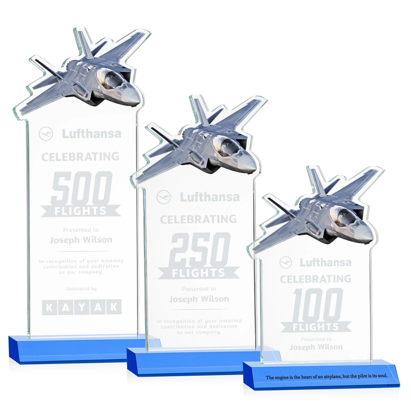 Promotional Starfire Crystal Jet Award With Deep-Etched Silhouette and Print for corporate award ceremonies