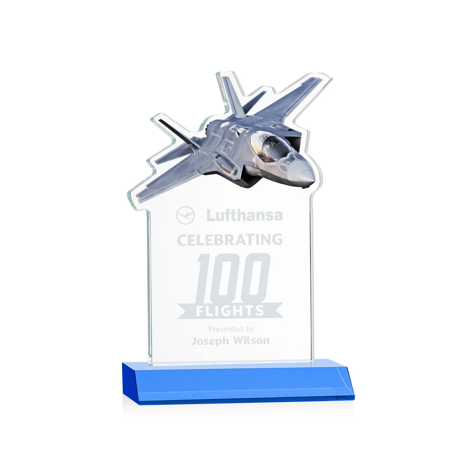 Promotional Starfire Crystal Jet Award With Deep-Etched Silhouette and Print for service anniversary gifts