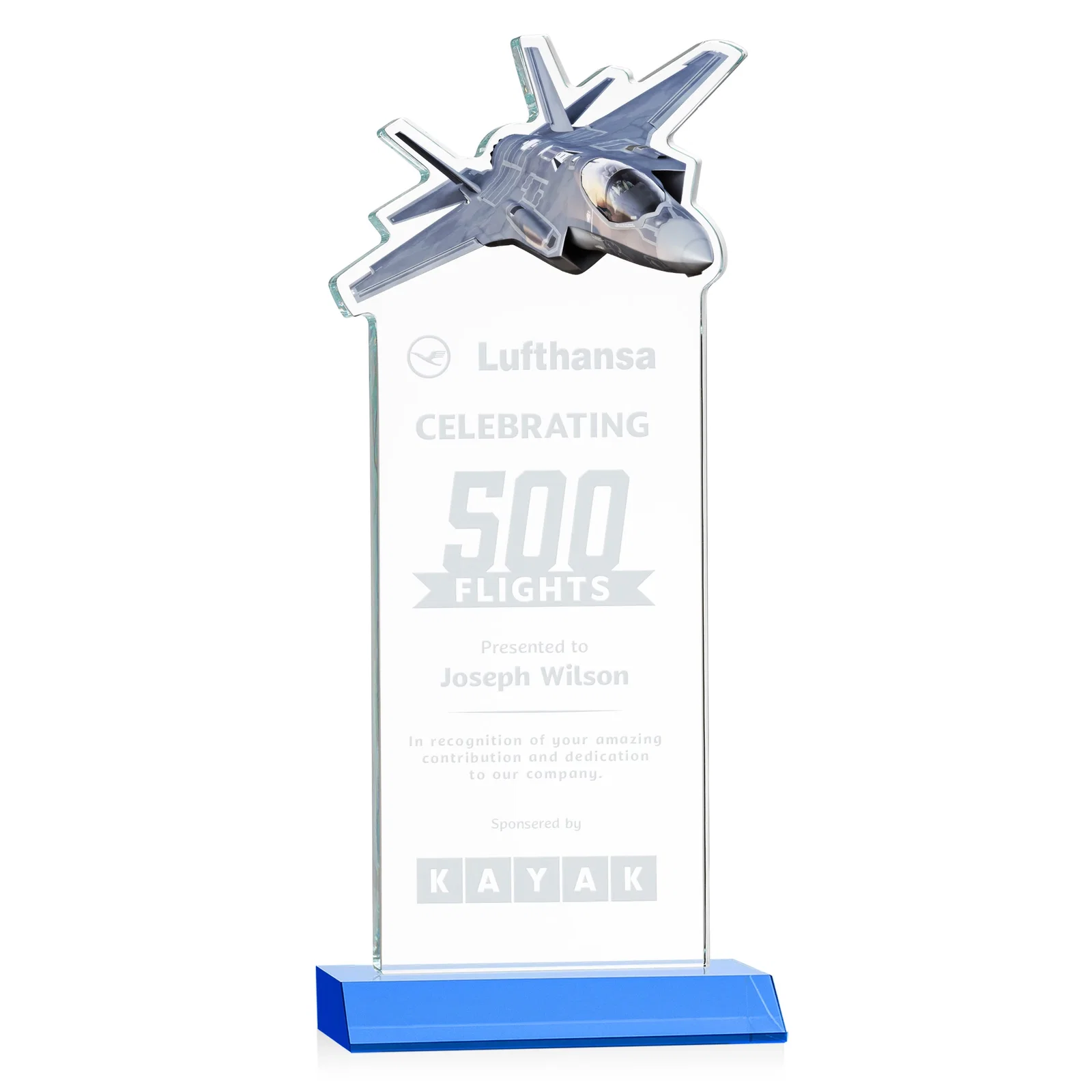 Promotional Starfire Crystal Jet Award With Deep-Etched Silhouette and Print for retirement presentations