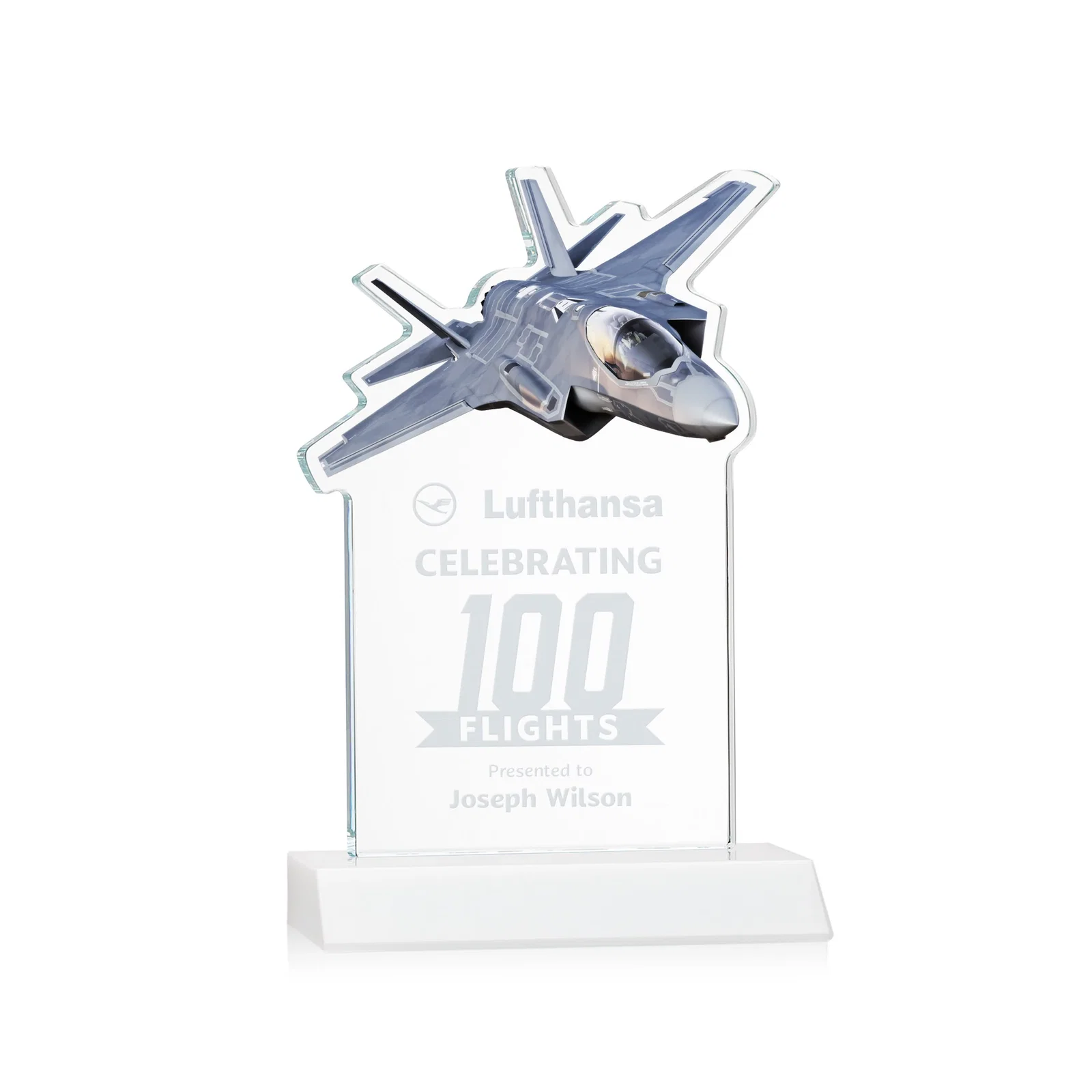 Promotional Starfire Crystal Jet Award With Deep-Etched Silhouette and Print for donor appreciation