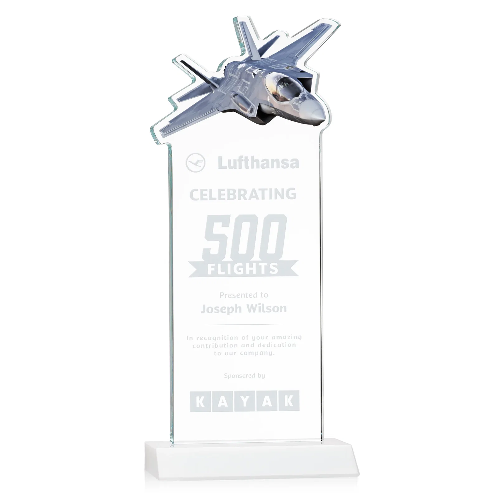 Promotional Starfire Crystal Jet Award With Deep-Etched Silhouette and Print for safety achievement programs