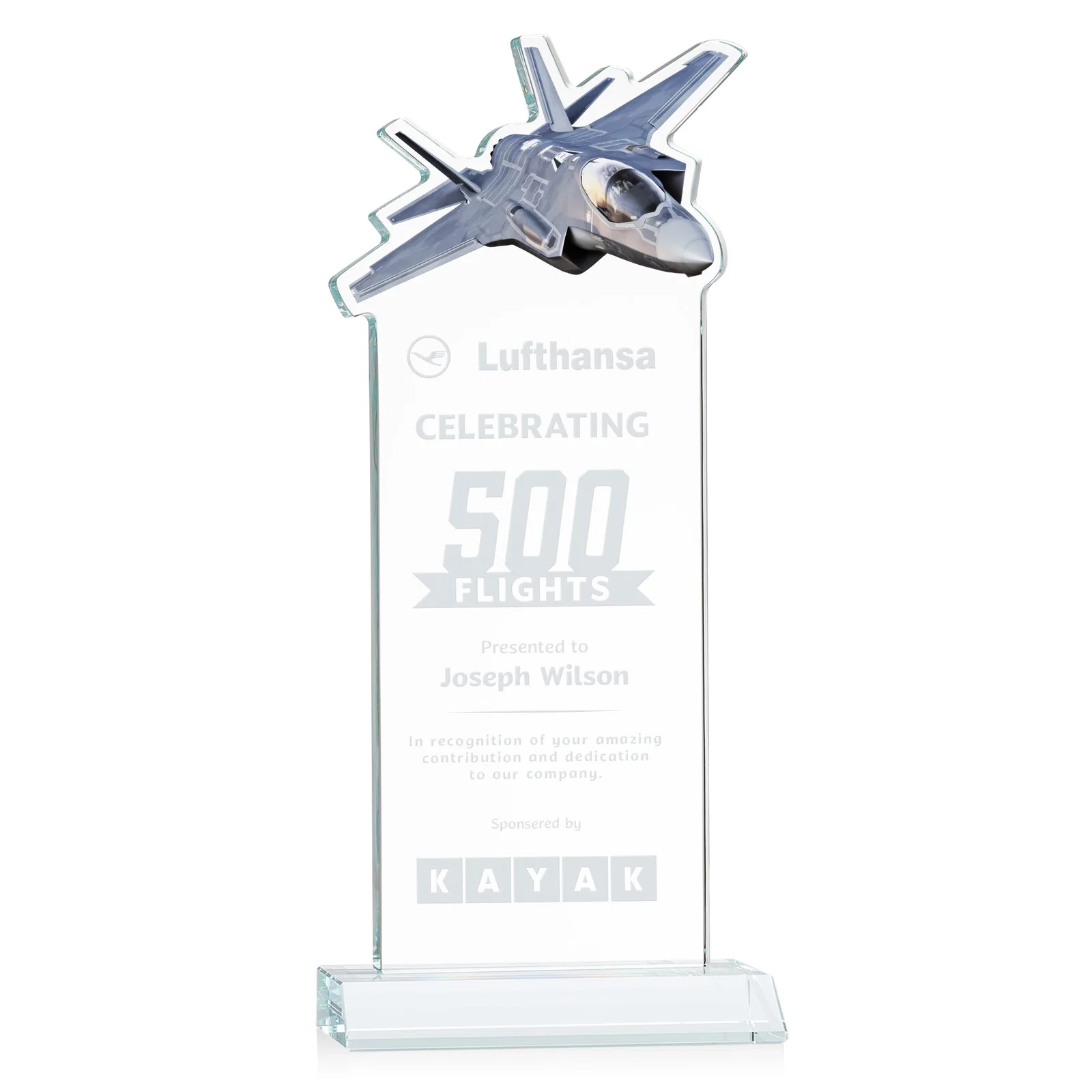 Custom Starfire Crystal Jet Award With Deep-Etched Silhouette and Print for sales achievement awards