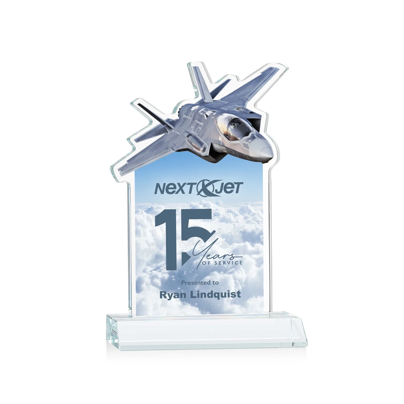 Promotional Starfire Crystal Jet Award With Deep-Etched Silhouette and Print for dealer and partner awards