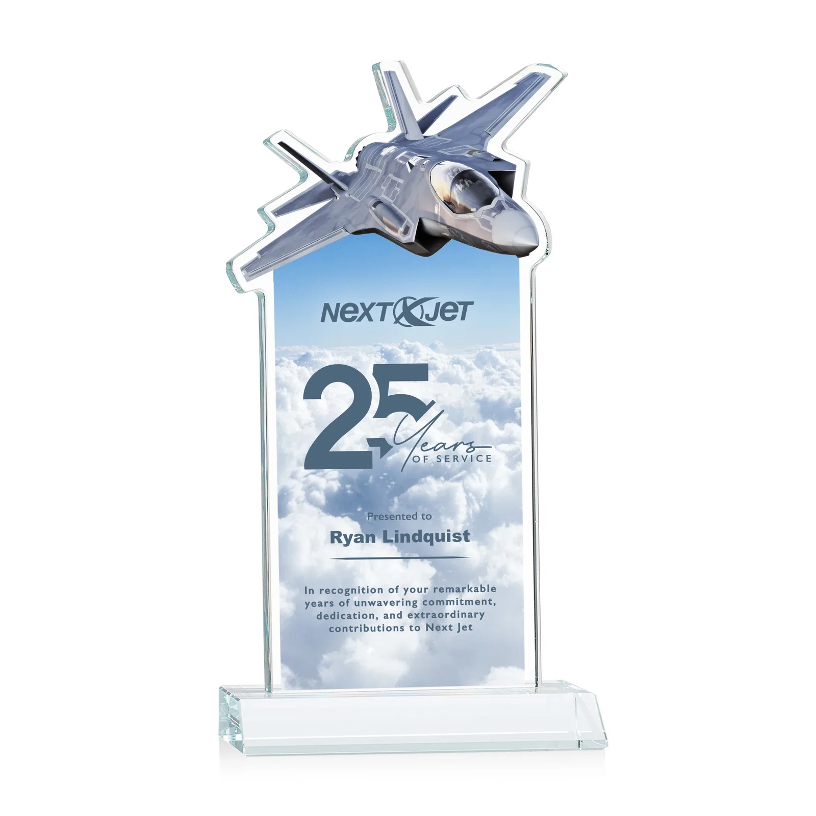 Promotional Starfire Crystal Jet Award With Deep-Etched Silhouette and Print for company anniversary events