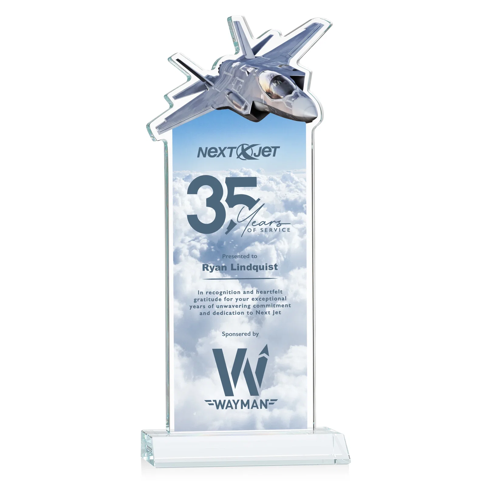 Branded Starfire Crystal Jet Award With Deep-Etched Silhouette and Print for employee recognition