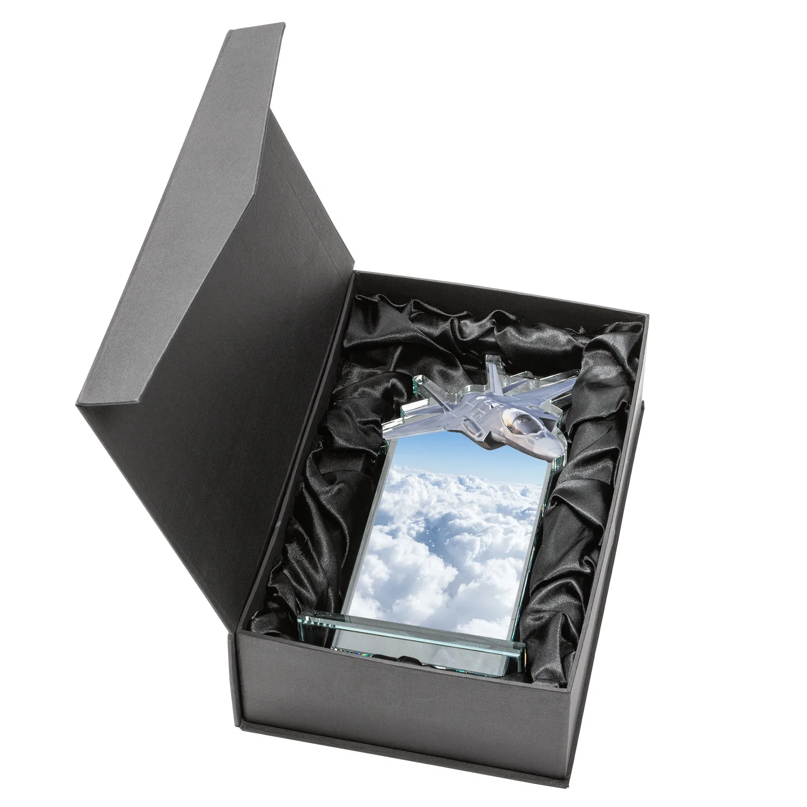 Branded Starfire Crystal Jet Award With Deep-Etched Silhouette and Print for corporate award ceremonies