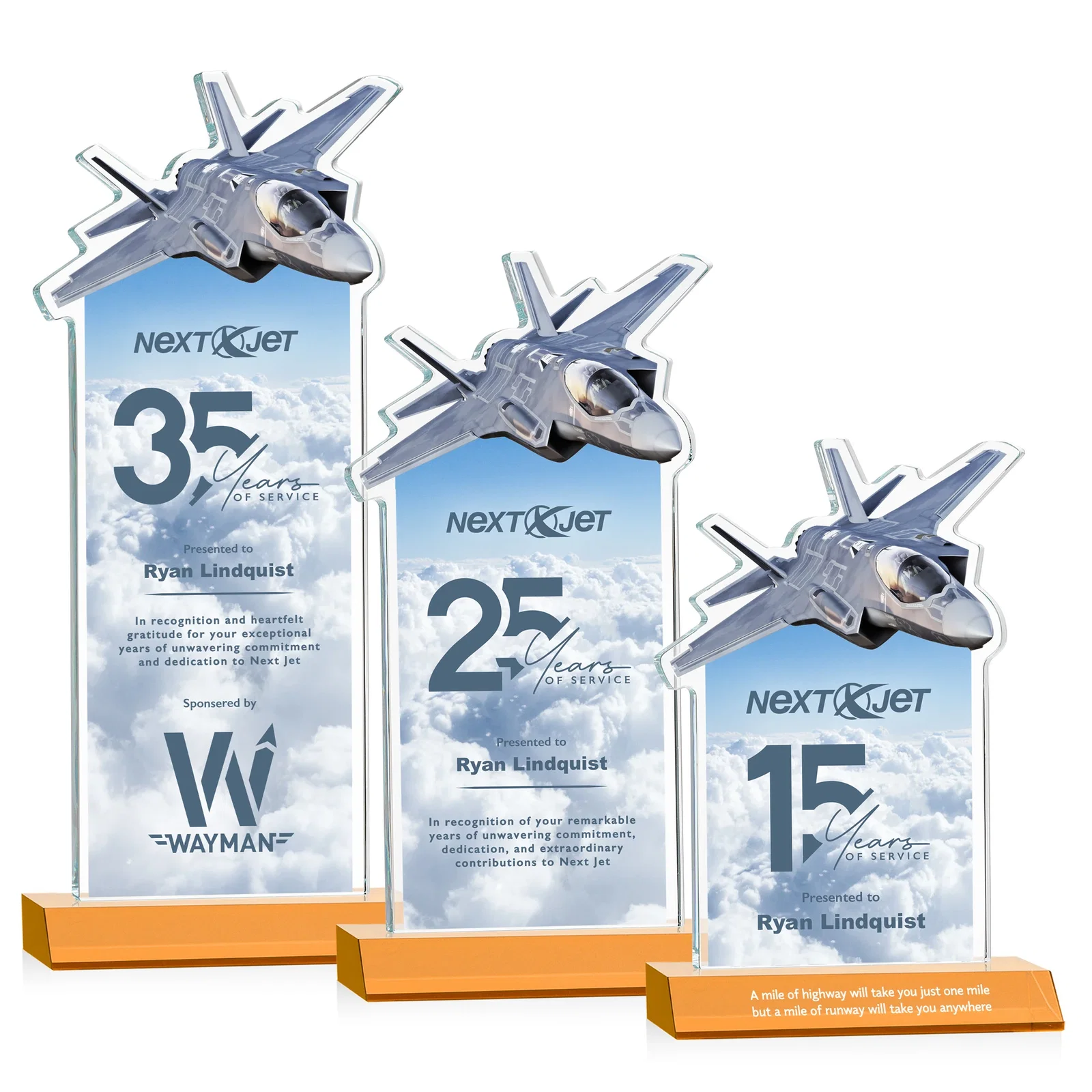 Branded Starfire Crystal Jet Award With Deep-Etched Silhouette and Print for service anniversary gifts