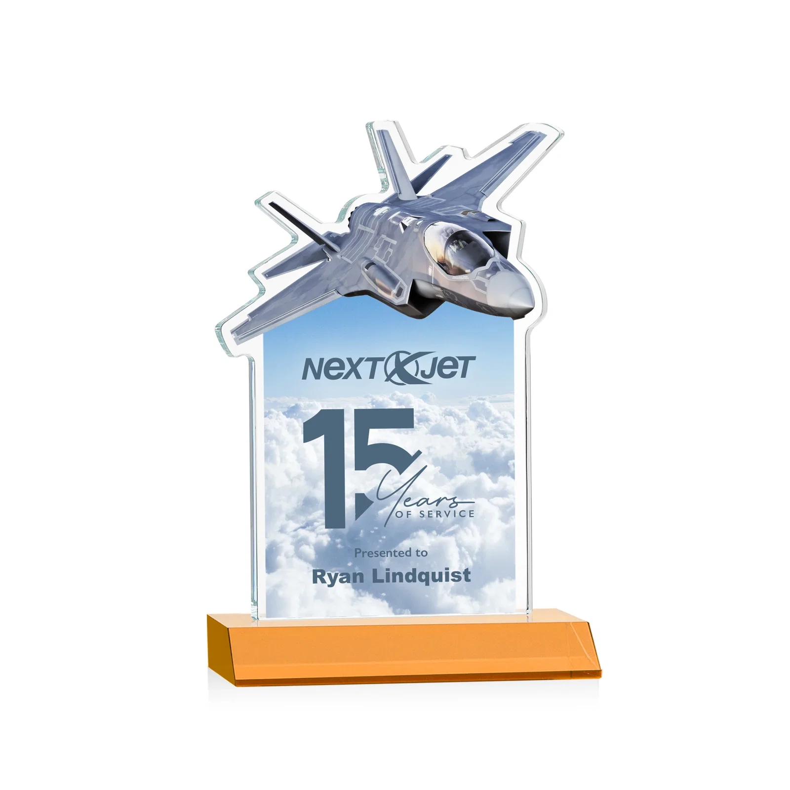 Branded Starfire Crystal Jet Award With Deep-Etched Silhouette and Print for sales achievement awards
