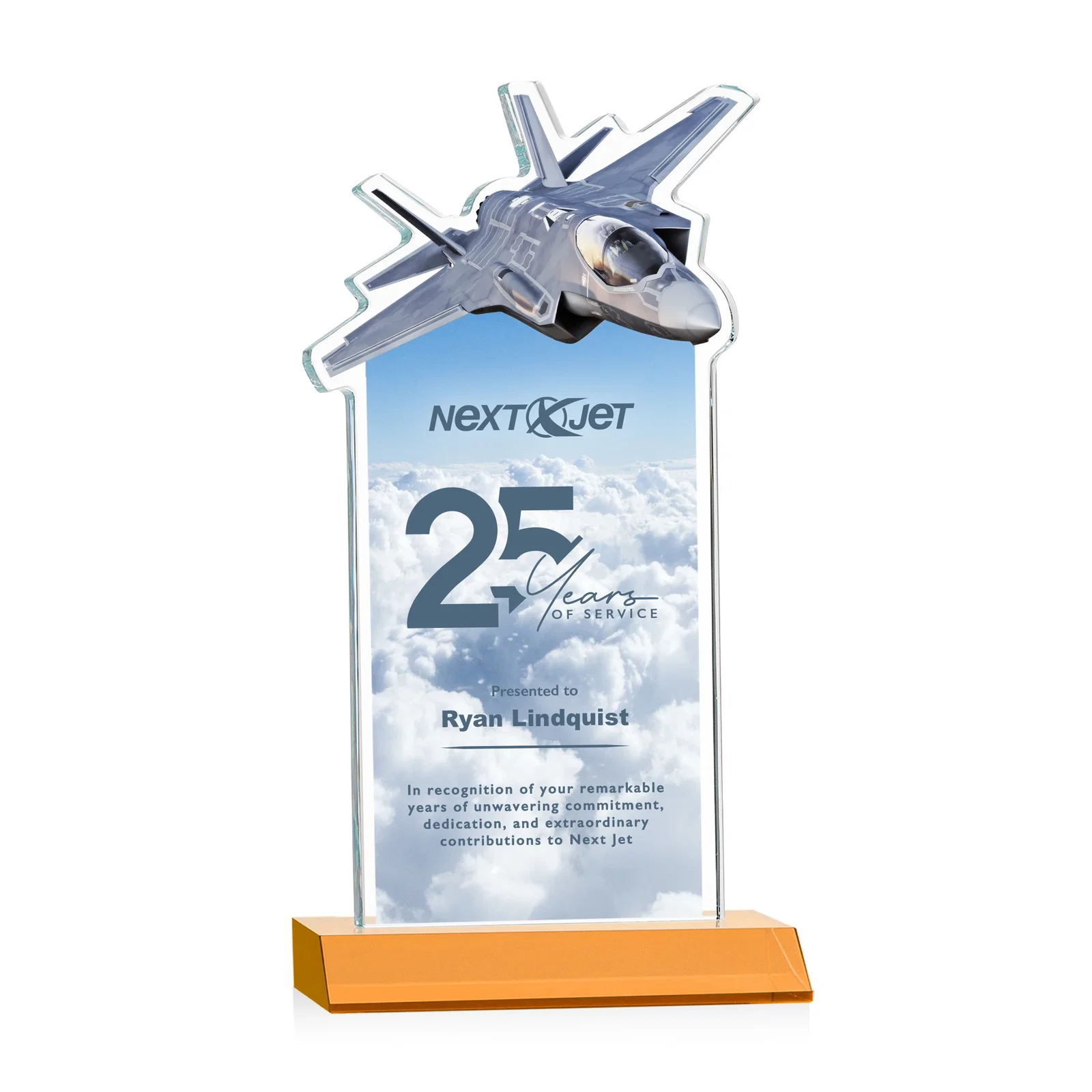 Branded Starfire Crystal Jet Award With Deep-Etched Silhouette and Print for retirement presentations