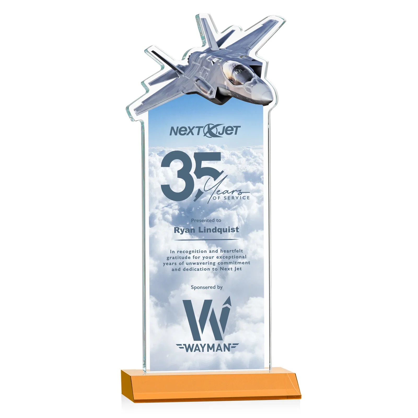 Branded Starfire Crystal Jet Award With Deep-Etched Silhouette and Print for team milestone celebrations