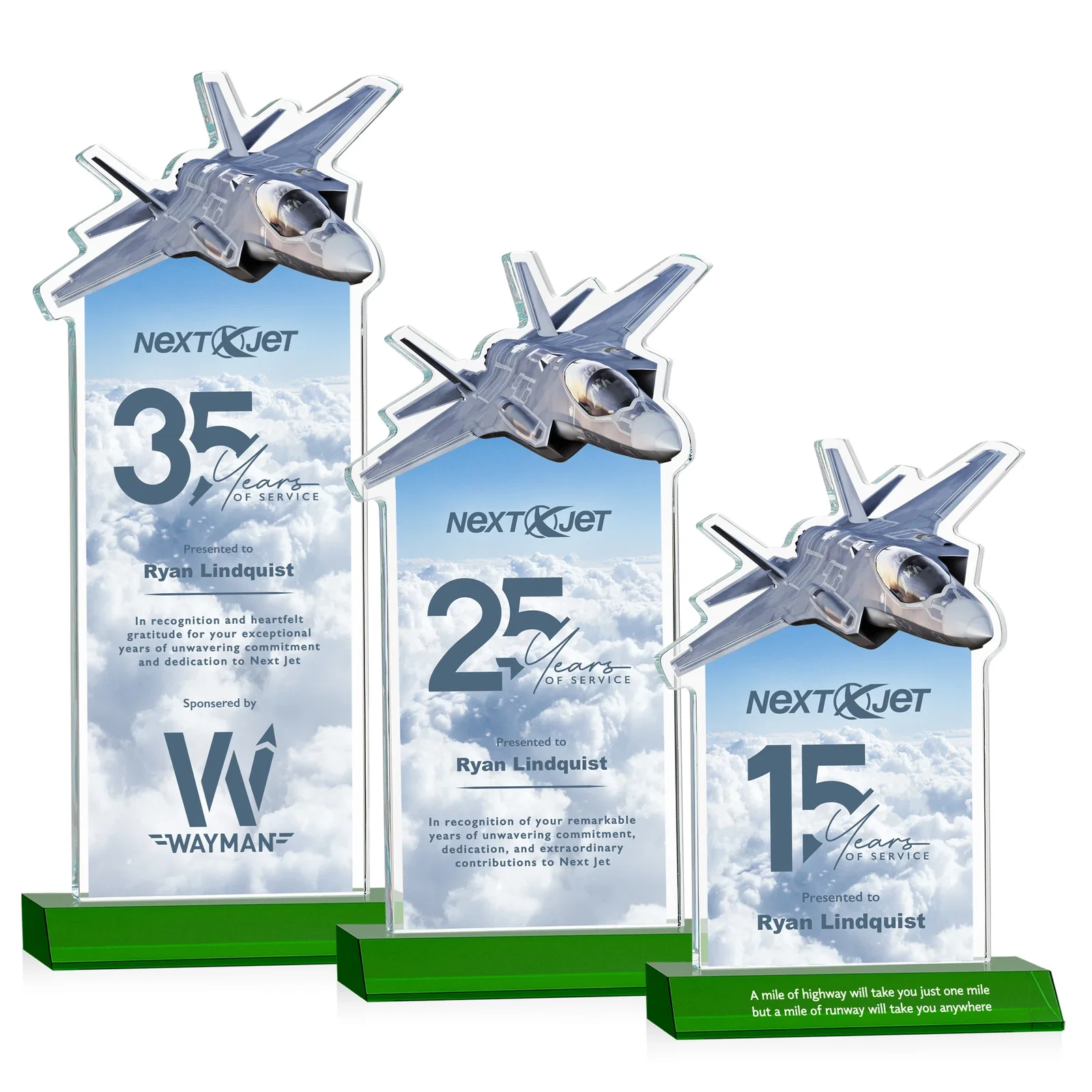 Branded Starfire Crystal Jet Award With Deep-Etched Silhouette and Print for donor appreciation