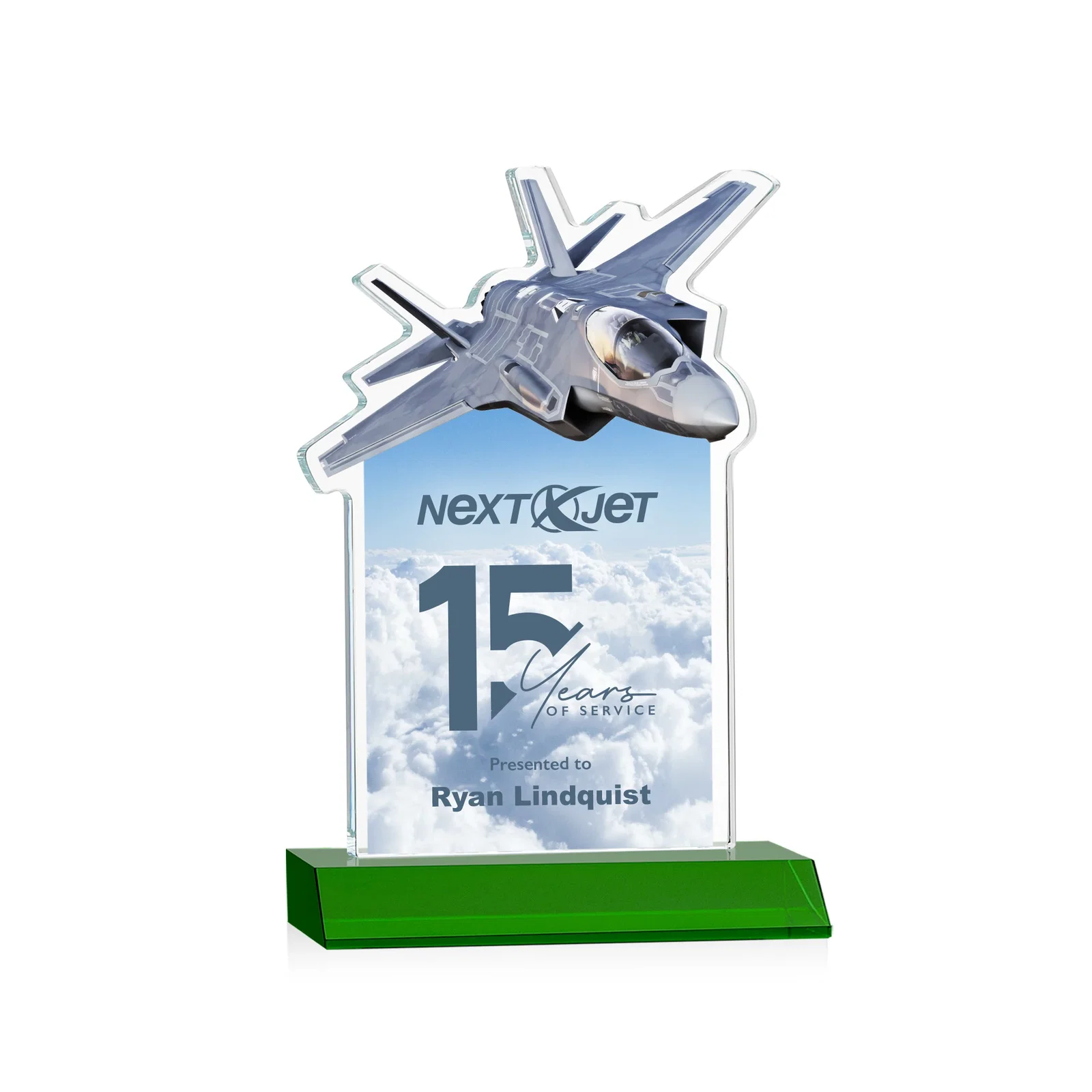 Branded Starfire Crystal Jet Award With Deep-Etched Silhouette and Print for graduation ceremonies