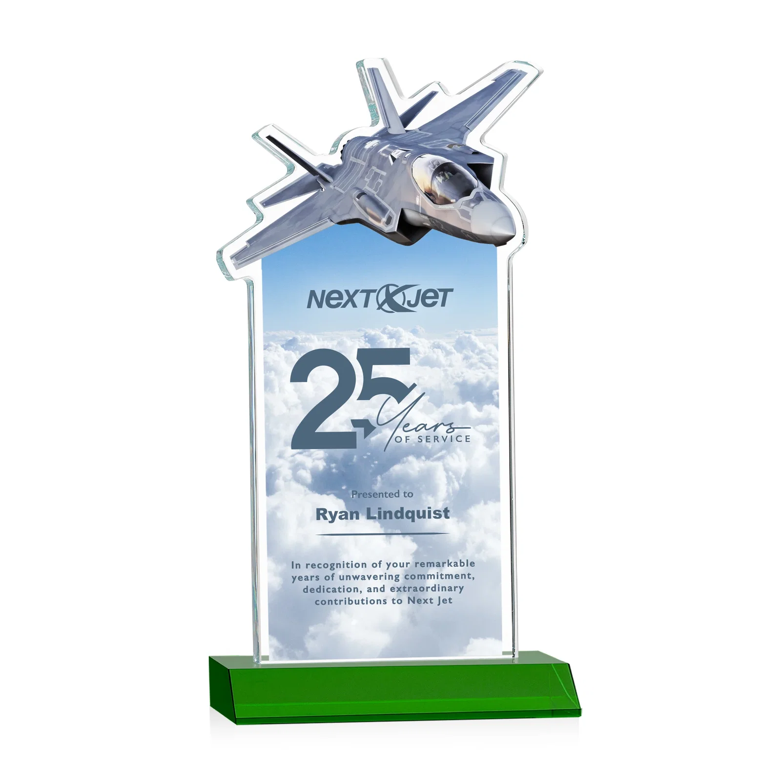 Branded Starfire Crystal Jet Award With Deep-Etched Silhouette and Print for safety achievement programs