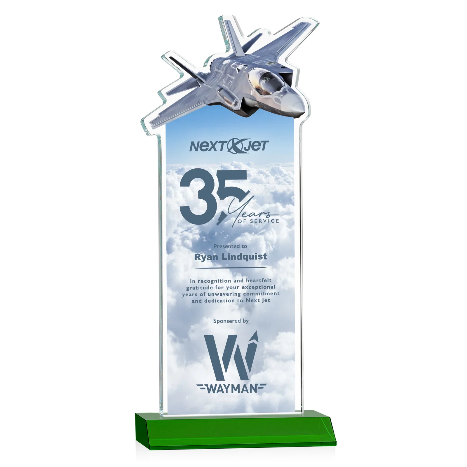 Branded Starfire Crystal Jet Award With Deep-Etched Silhouette and Print for volunteer appreciation