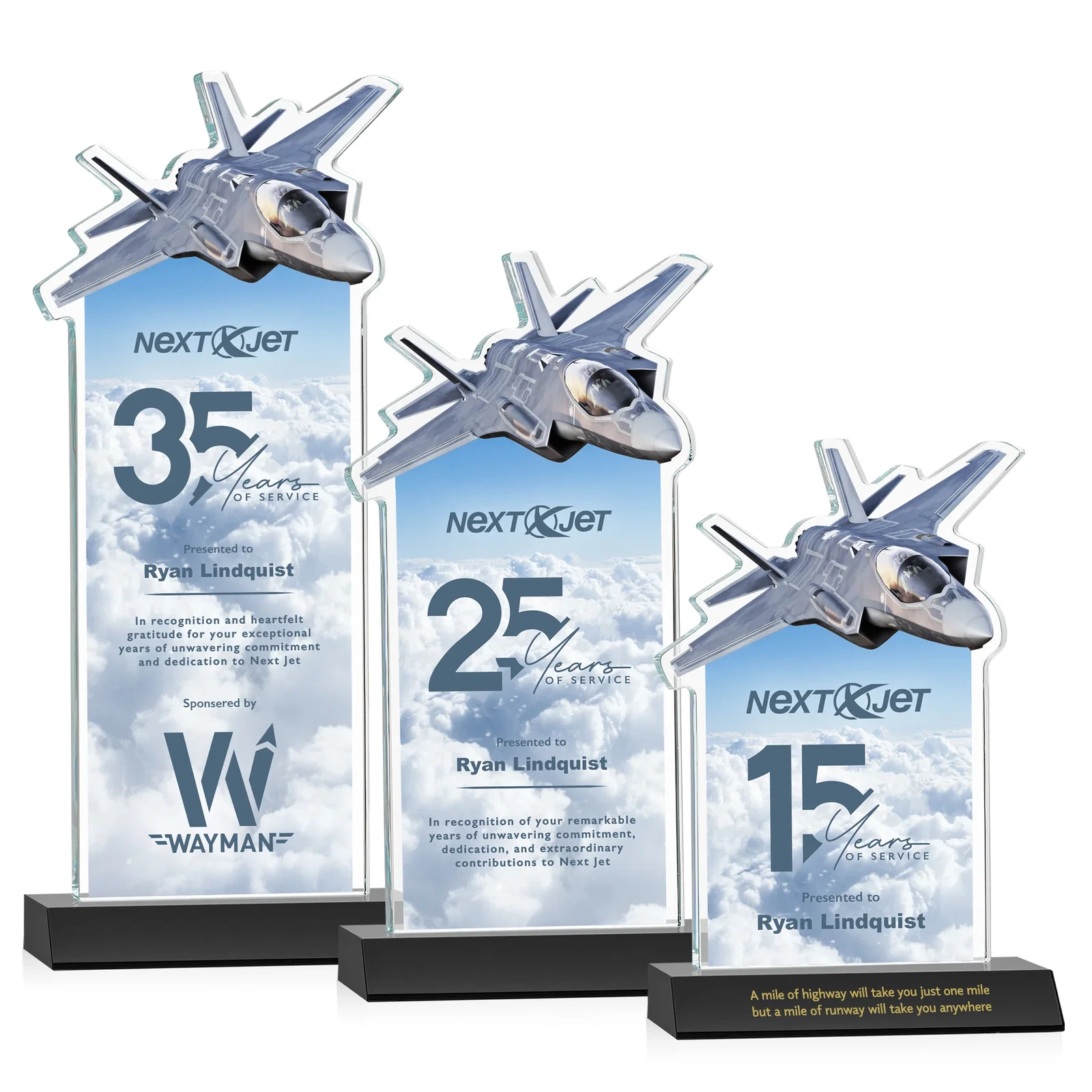 Branded Starfire Crystal Jet Award With Deep-Etched Silhouette and Print for dealer and partner awards