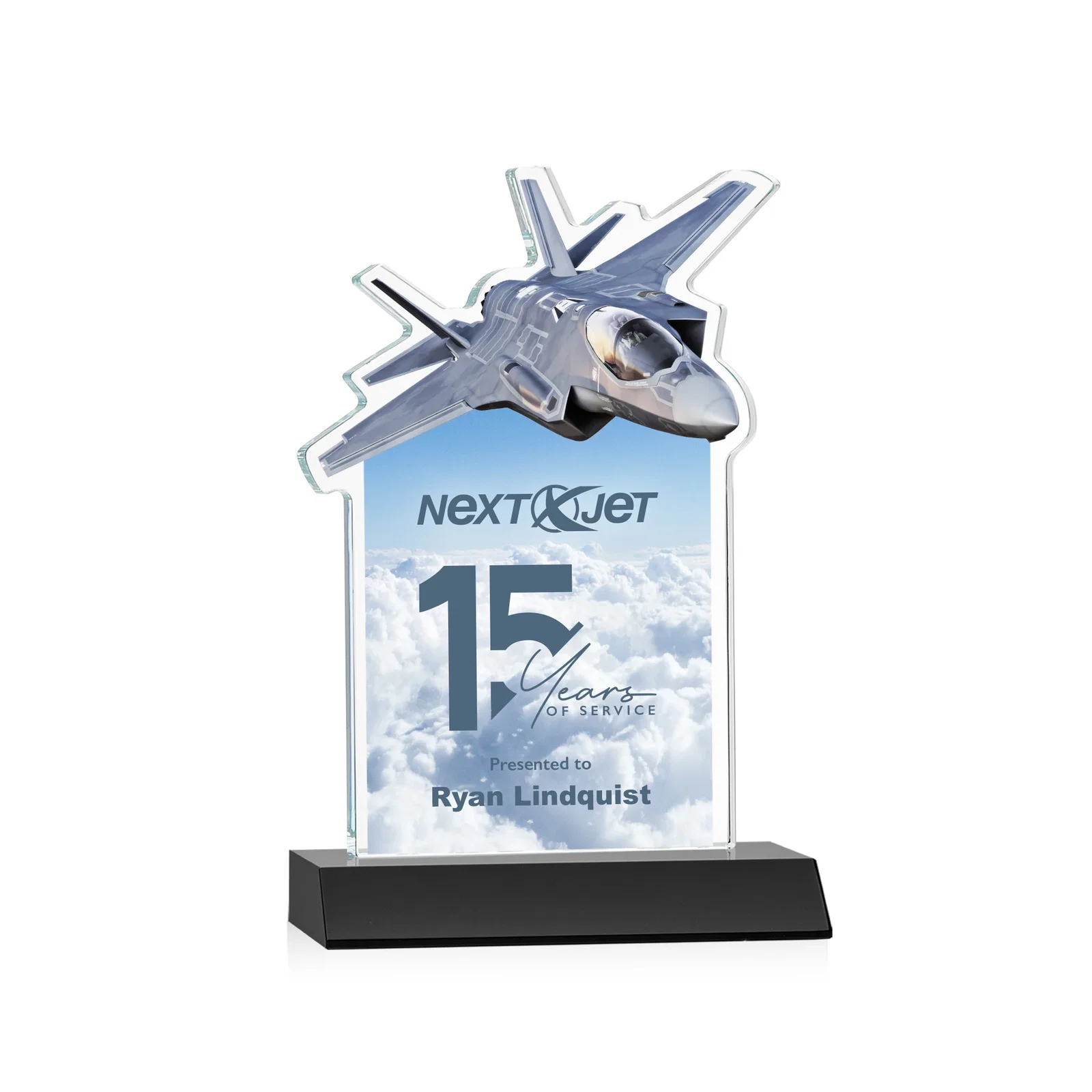 Branded Starfire Crystal Jet Award With Deep-Etched Silhouette and Print for company anniversary events