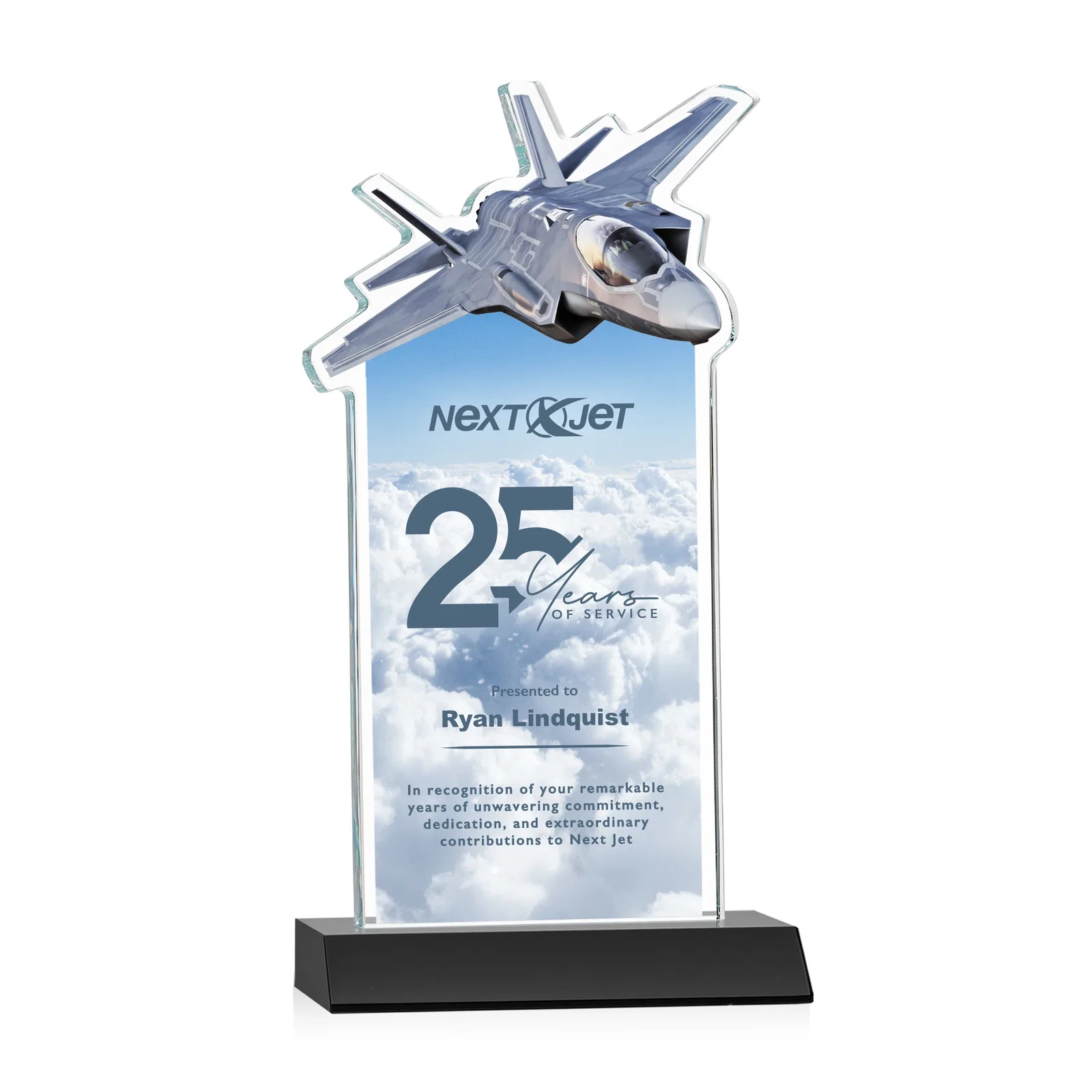 Custom printed Starfire Crystal Jet Award With Deep-Etched Silhouette and Print for employee recognition