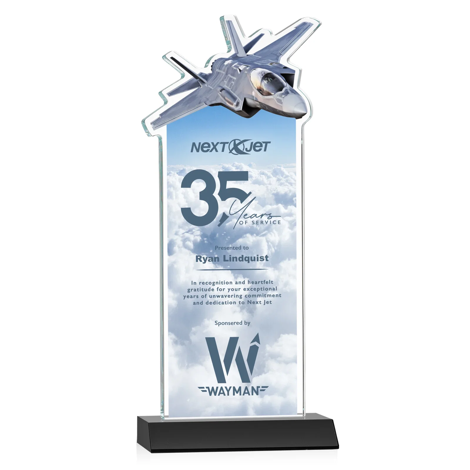 Custom printed Starfire Crystal Jet Award With Deep-Etched Silhouette and Print for corporate award ceremonies