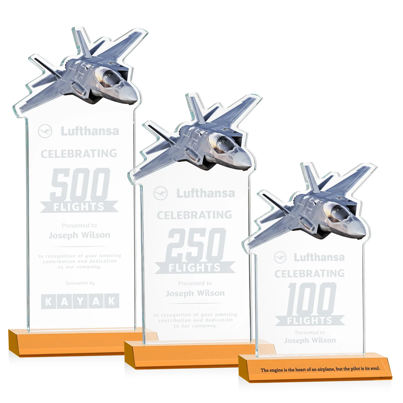 Custom Starfire Crystal Jet Award With Deep-Etched Silhouette and Print for team milestone celebrations