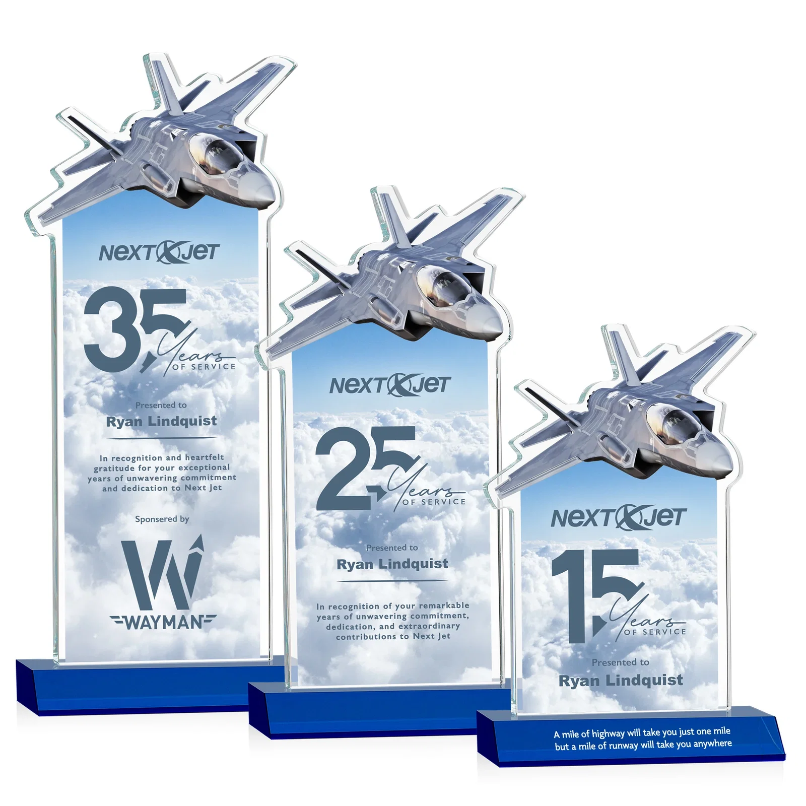 Custom printed Starfire Crystal Jet Award With Deep-Etched Silhouette and Print for service anniversary gifts