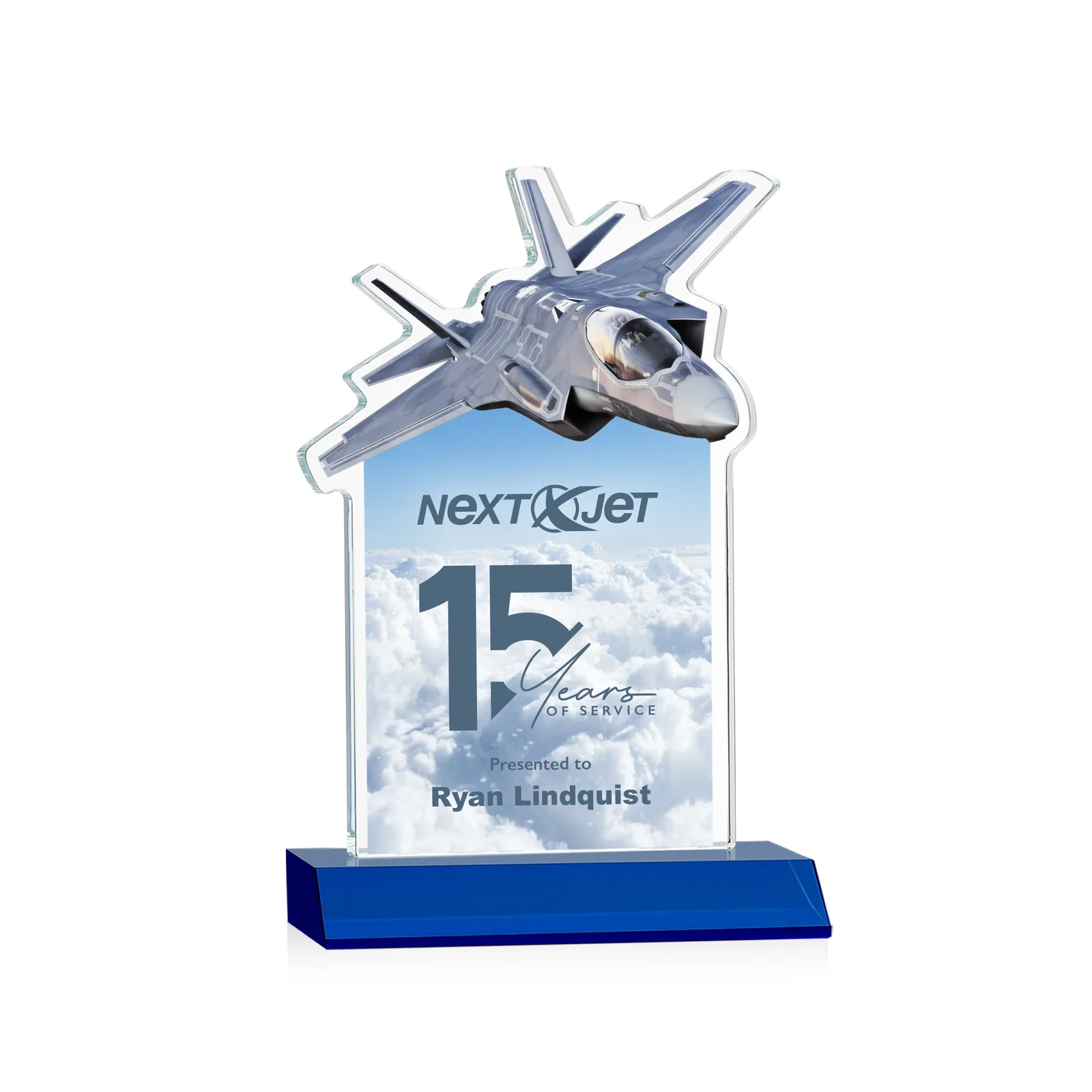 Custom printed Starfire Crystal Jet Award With Deep-Etched Silhouette and Print for sales achievement awards