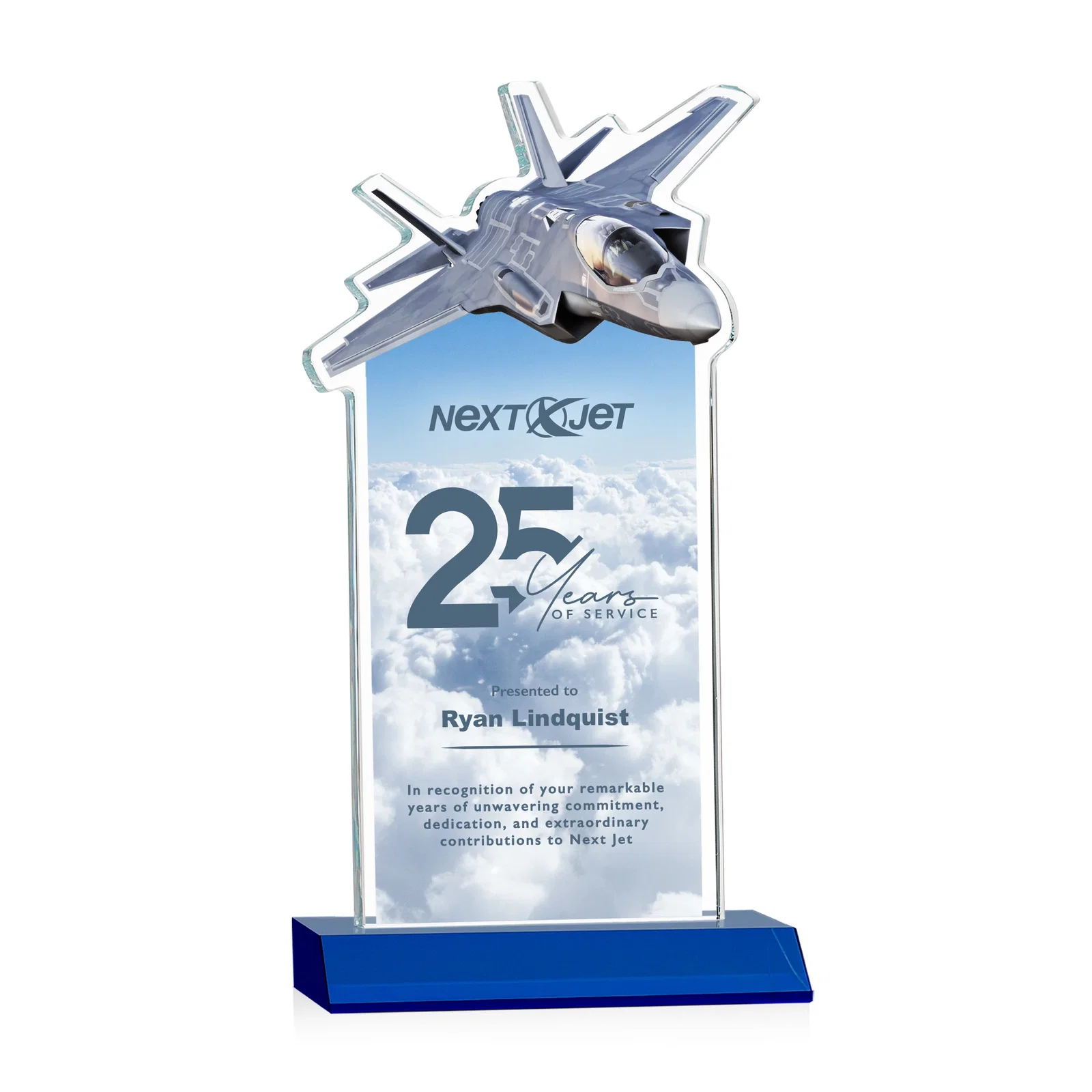 Custom printed Starfire Crystal Jet Award With Deep-Etched Silhouette and Print for retirement presentations