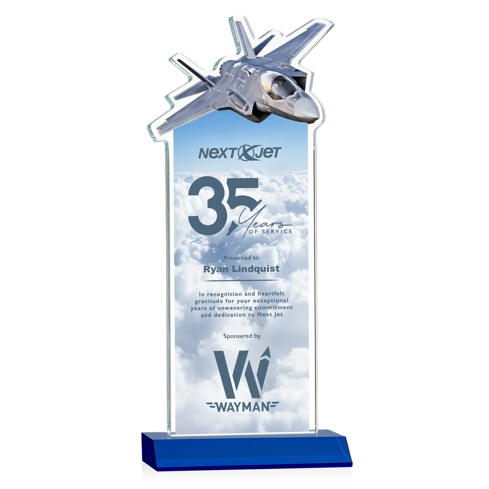 Custom printed Starfire Crystal Jet Award With Deep-Etched Silhouette and Print for team milestone celebrations
