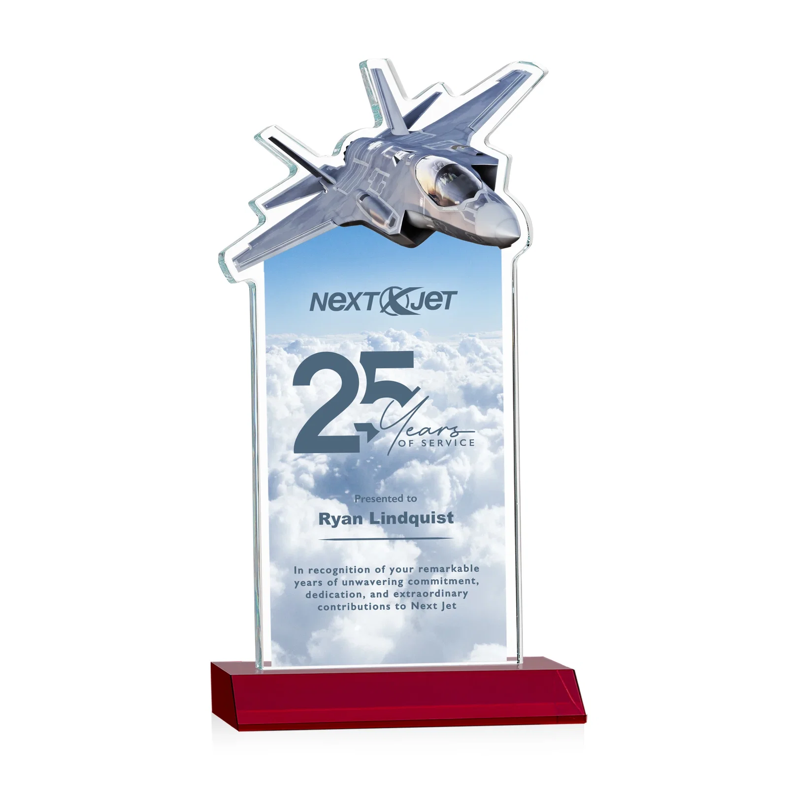 Custom printed Starfire Crystal Jet Award With Deep-Etched Silhouette and Print for safety achievement programs