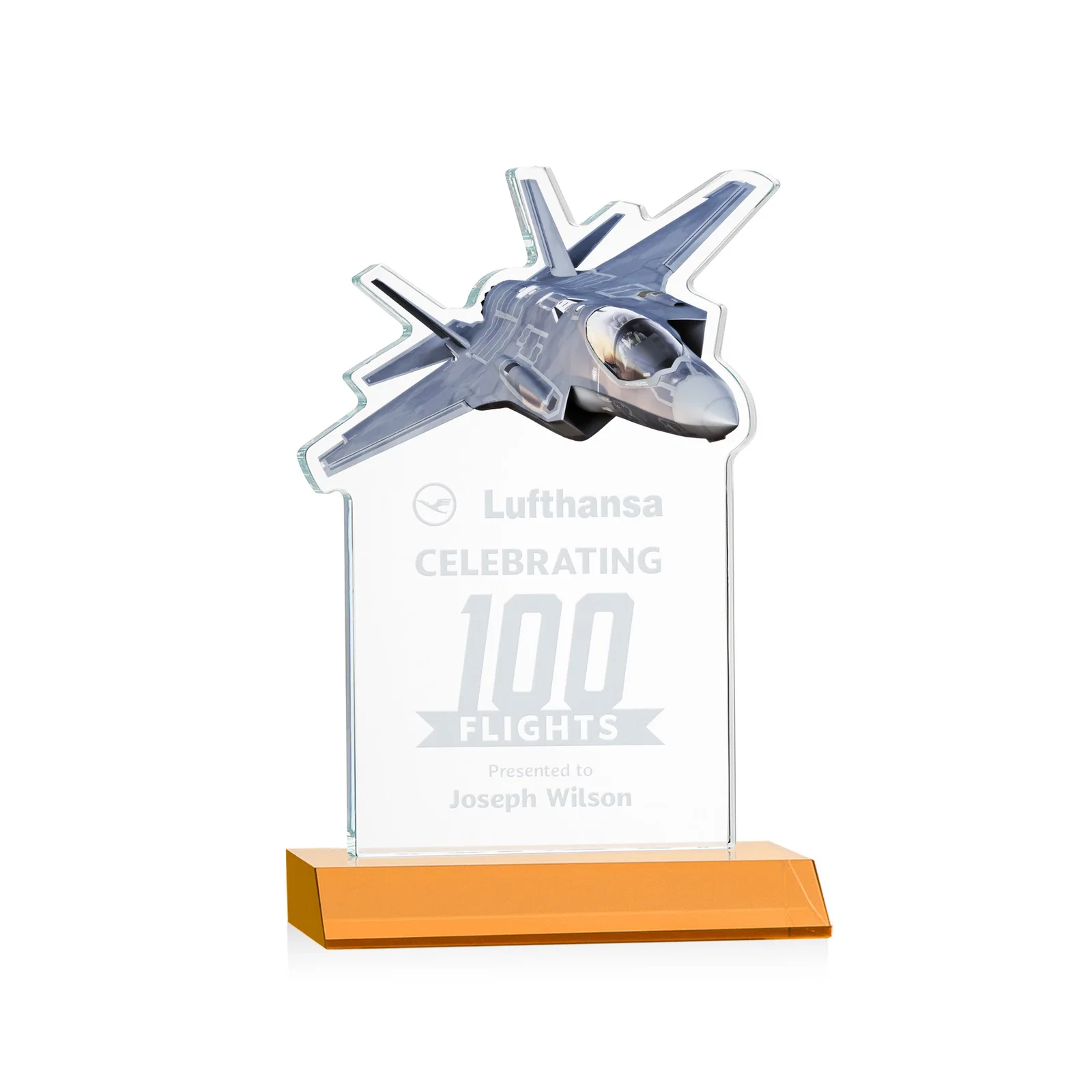 Custom Starfire Crystal Jet Award With Deep-Etched Silhouette and Print for donor appreciation