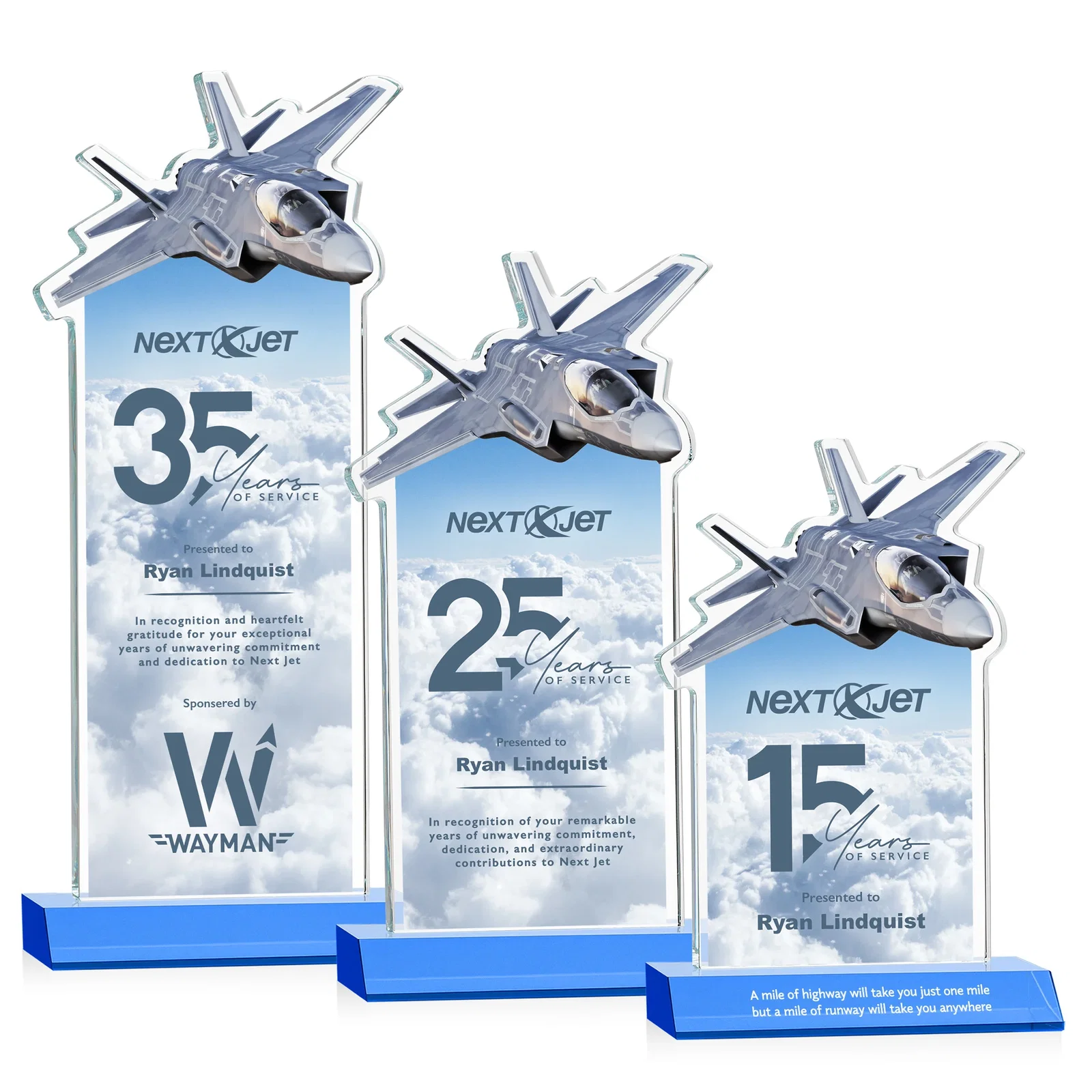Custom printed Starfire Crystal Jet Award With Deep-Etched Silhouette and Print for dealer and partner awards