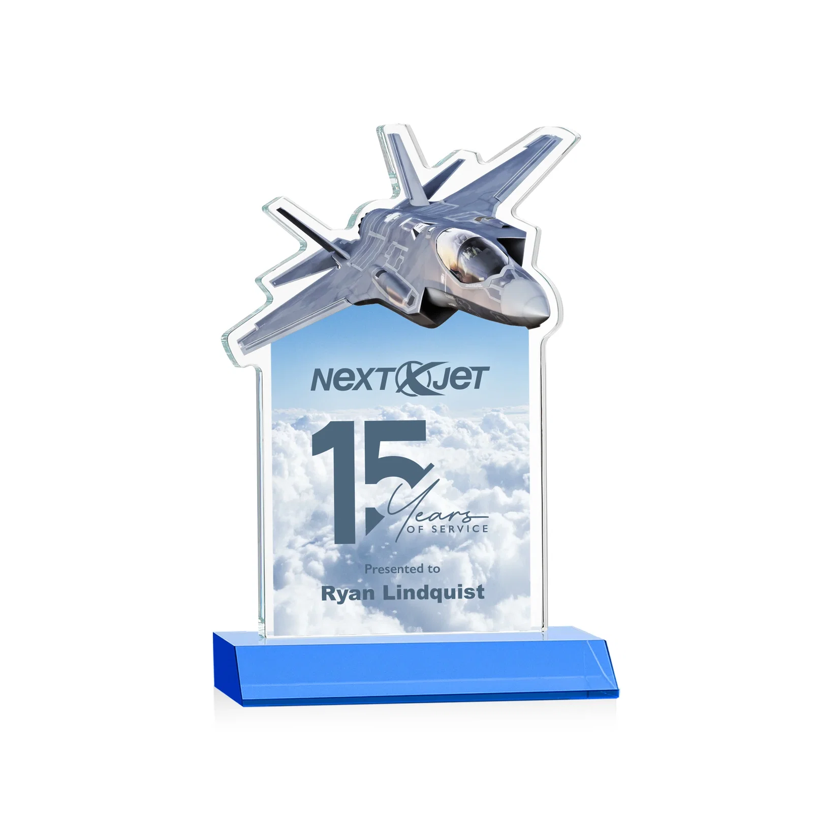 Custom printed Starfire Crystal Jet Award With Deep-Etched Silhouette and Print for company anniversary events